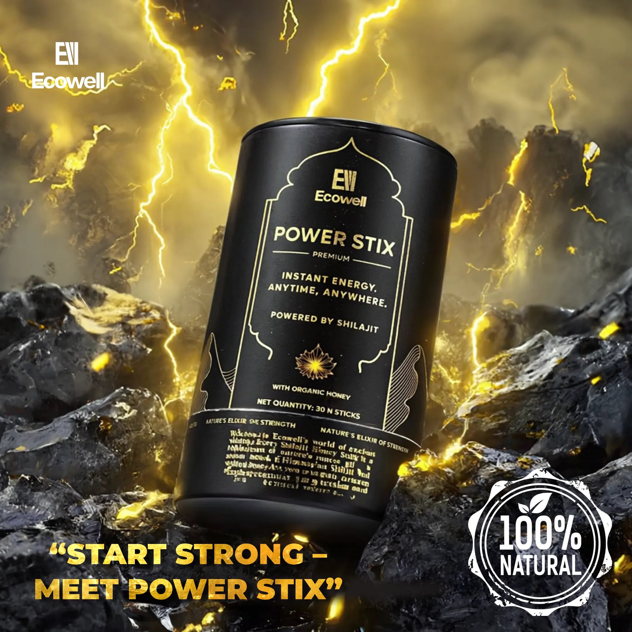 Ecowell Power Stix packaging on a rocky background with lightning effects
