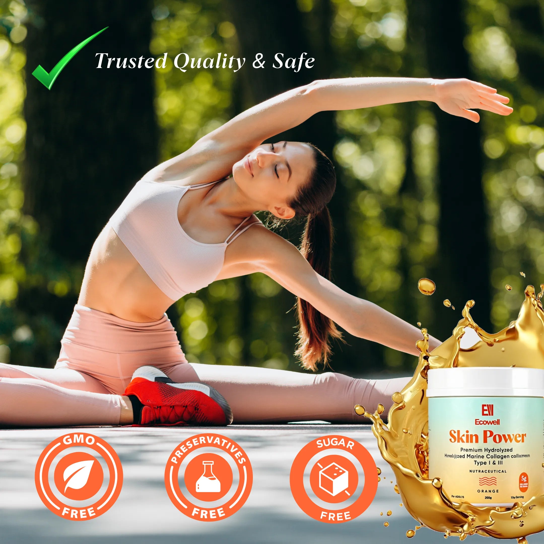 Woman in a yoga pose with a container of 'Skin Power' supplement in a natural setting