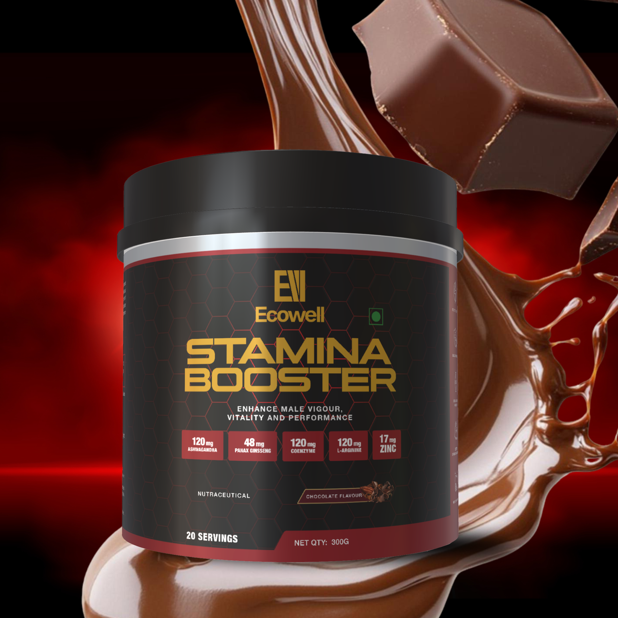 Ecowell Stamina Booster supplement container with chocolate splash, enhancing male vitality and performance, 20 servings.