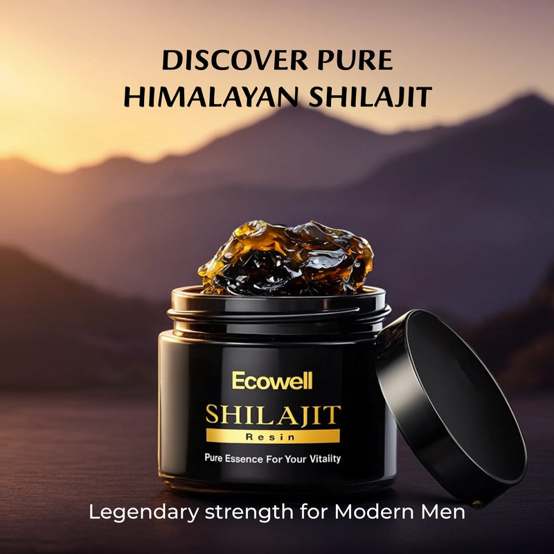 Ecowell Shilajit resin jar with mountain background