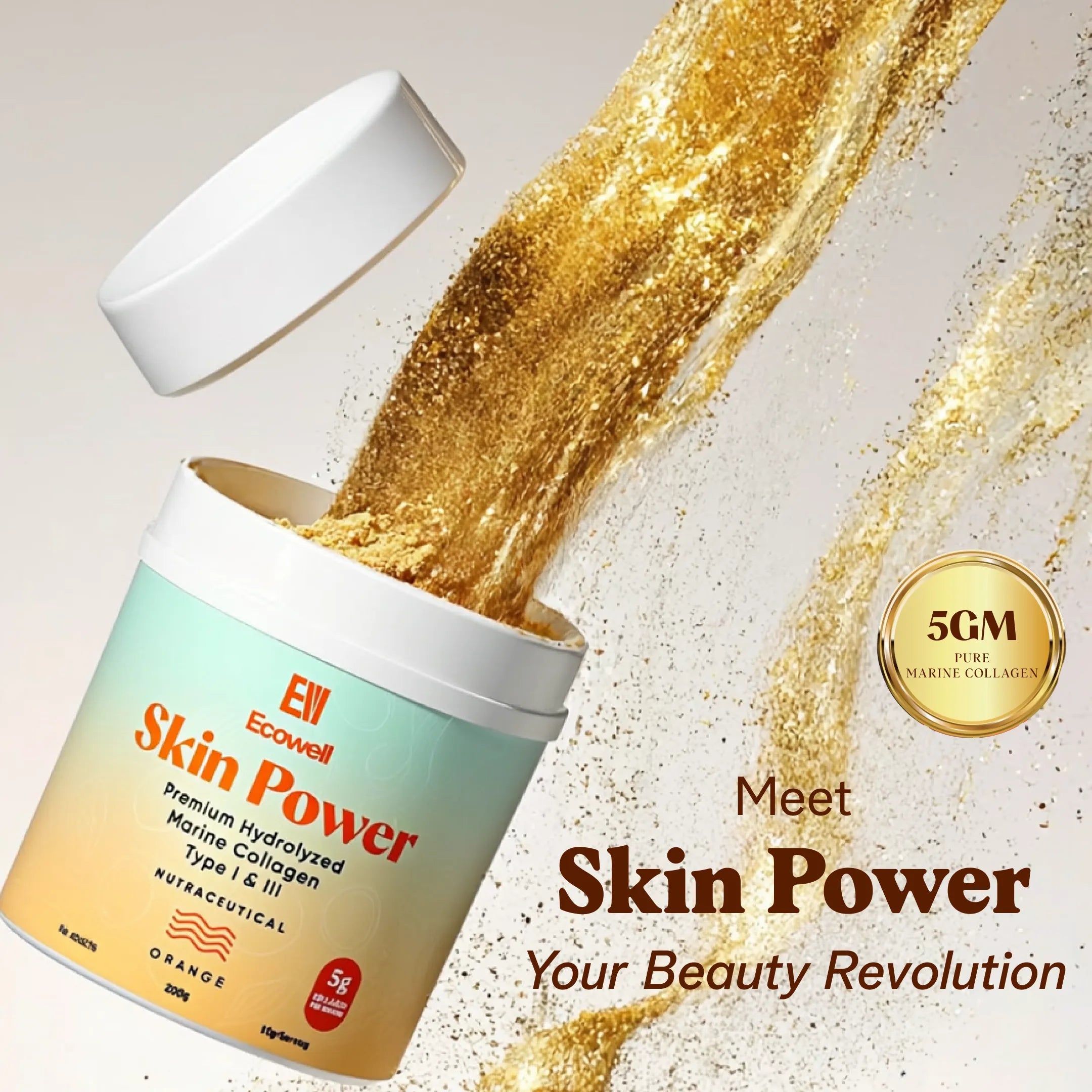 Ecowell Skin Power container with gold powder spilling out on a light background