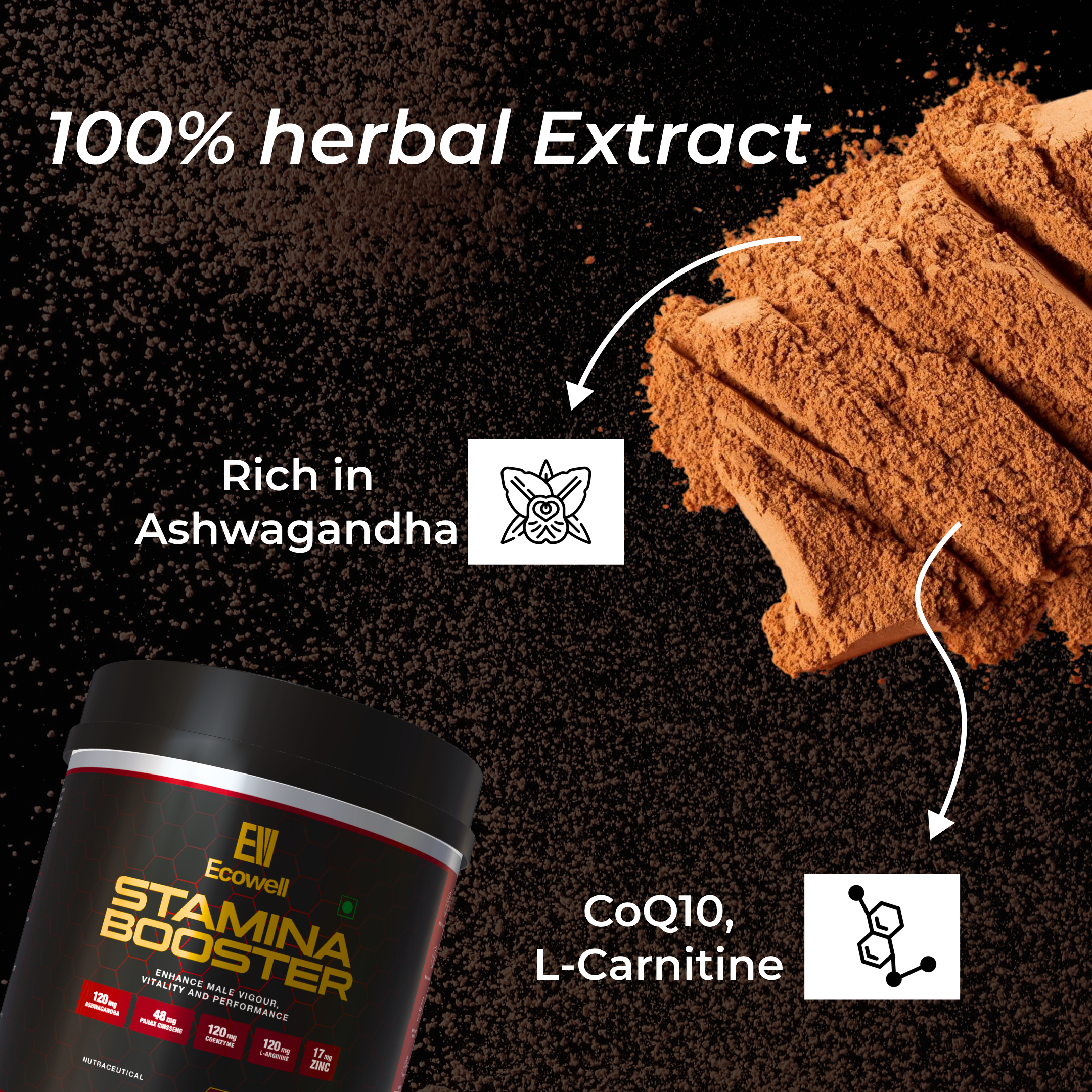 Ecowell Stamina Support Formula with 100% herbal extract, featuring Ashwagandha, CoQ10, and L-Carnitine for energy.