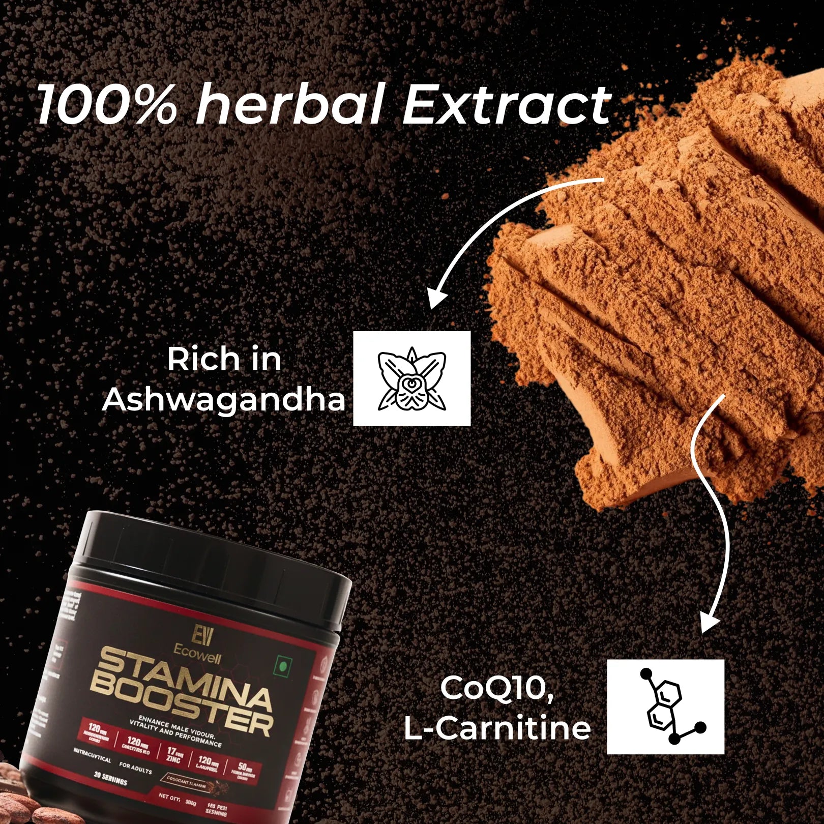 Stamina booster supplement with 100% herbal extract, rich in Ashwagandha, CoQ10, and L-Carnitine on a dark background.
