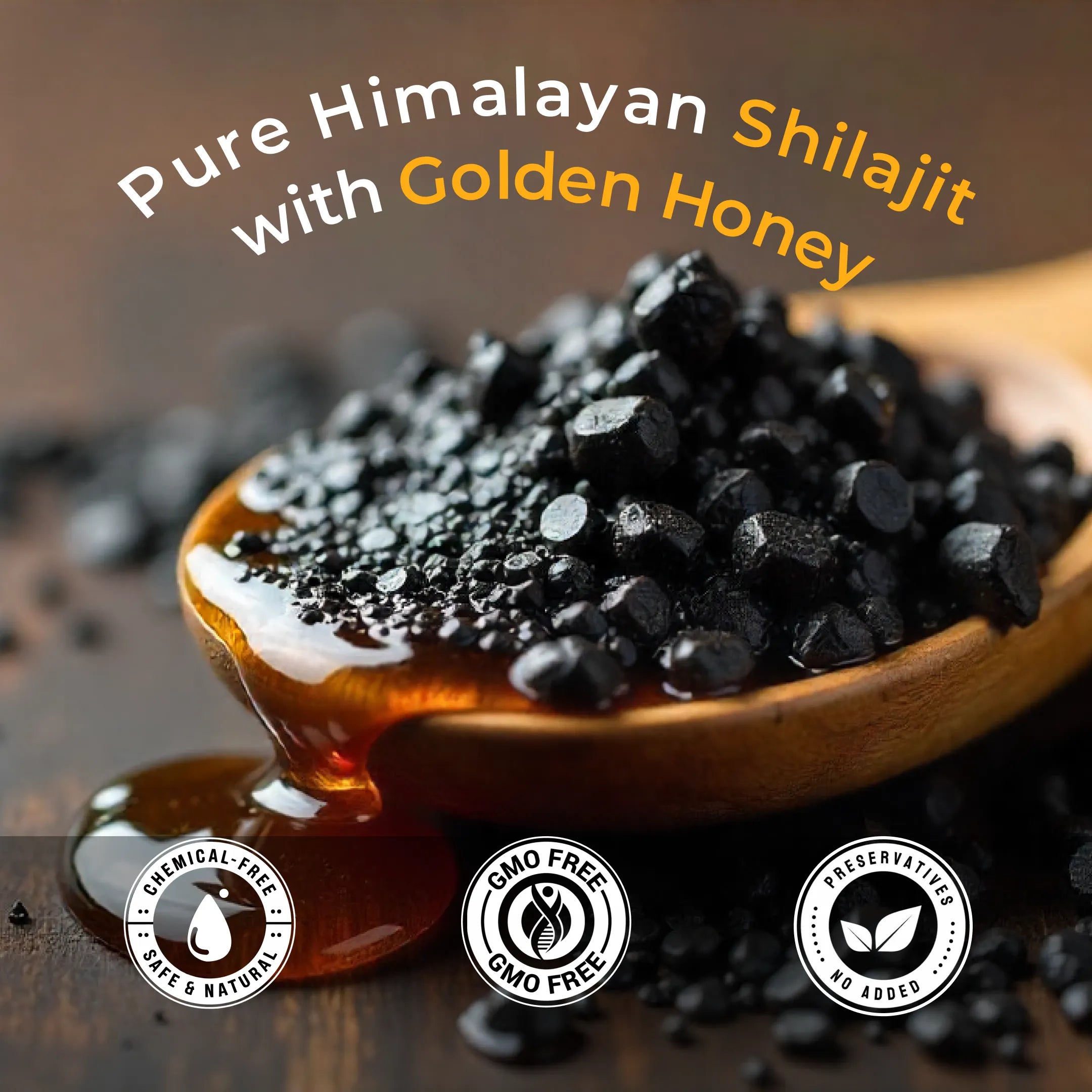 Pure Himalayan Shilajit with Golden Honey on a wooden spoon, with labels indicating chemical-free, safe & natural, GMO free, and no additives.
