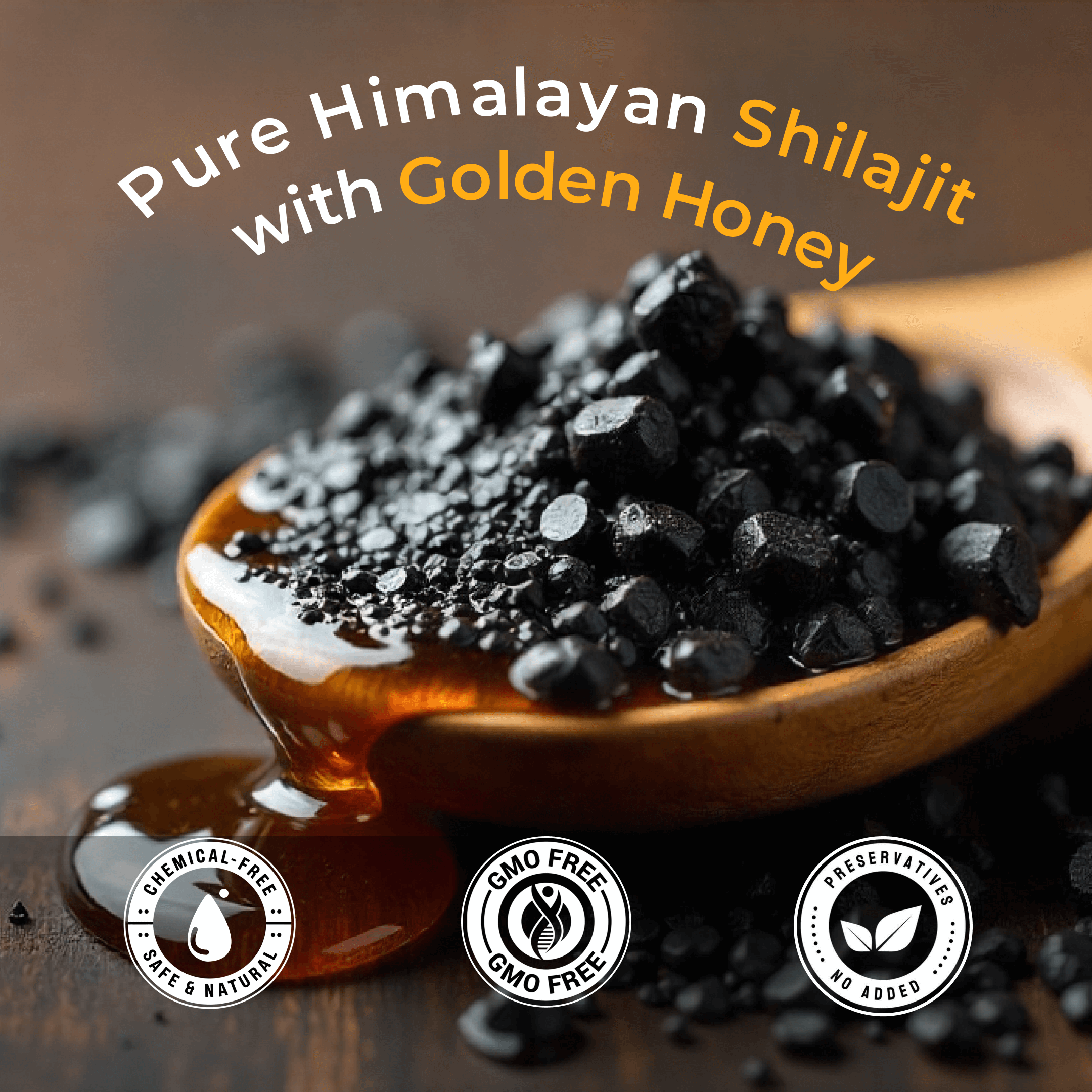 Pure Himalayan Shilajit with Golden Honey, highlighting its natural and chemical-free benefits.