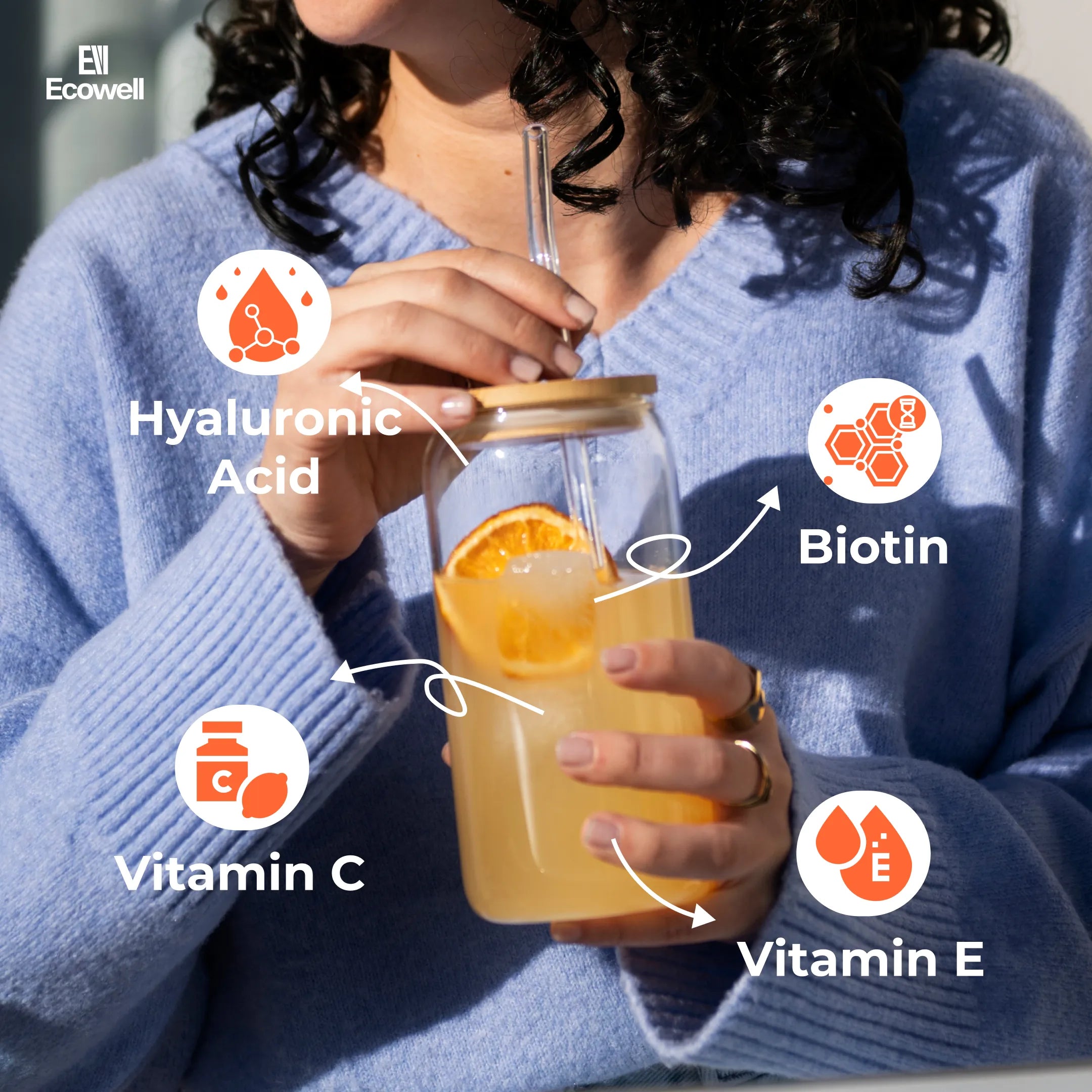 Person holding a glass of ecowell marine collagen with health benefits labeled on a light gray background