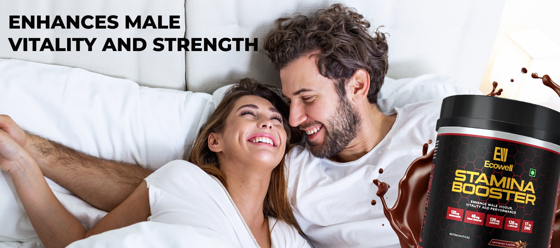 Couple lying in bed with a container of Stamina Booster supplement.
Enhances male vitality and strength