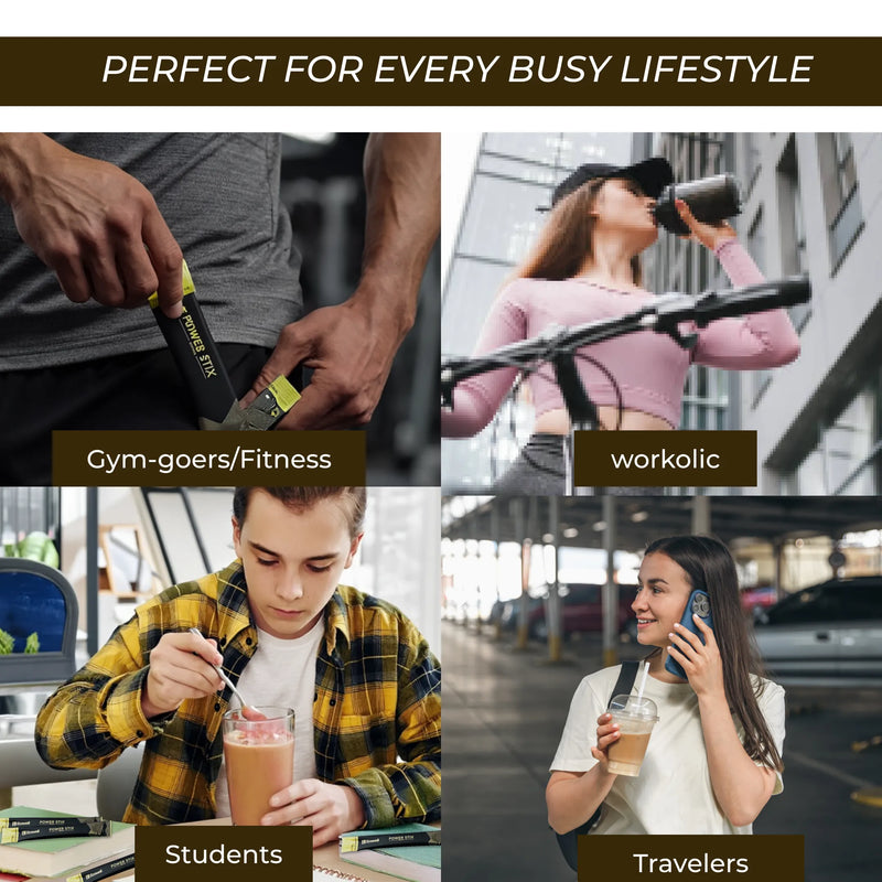 Collage of people using shilajit honey sticks for gym-goers, work, students, and travelers with text 'Perfect for every busy lifestyle'.