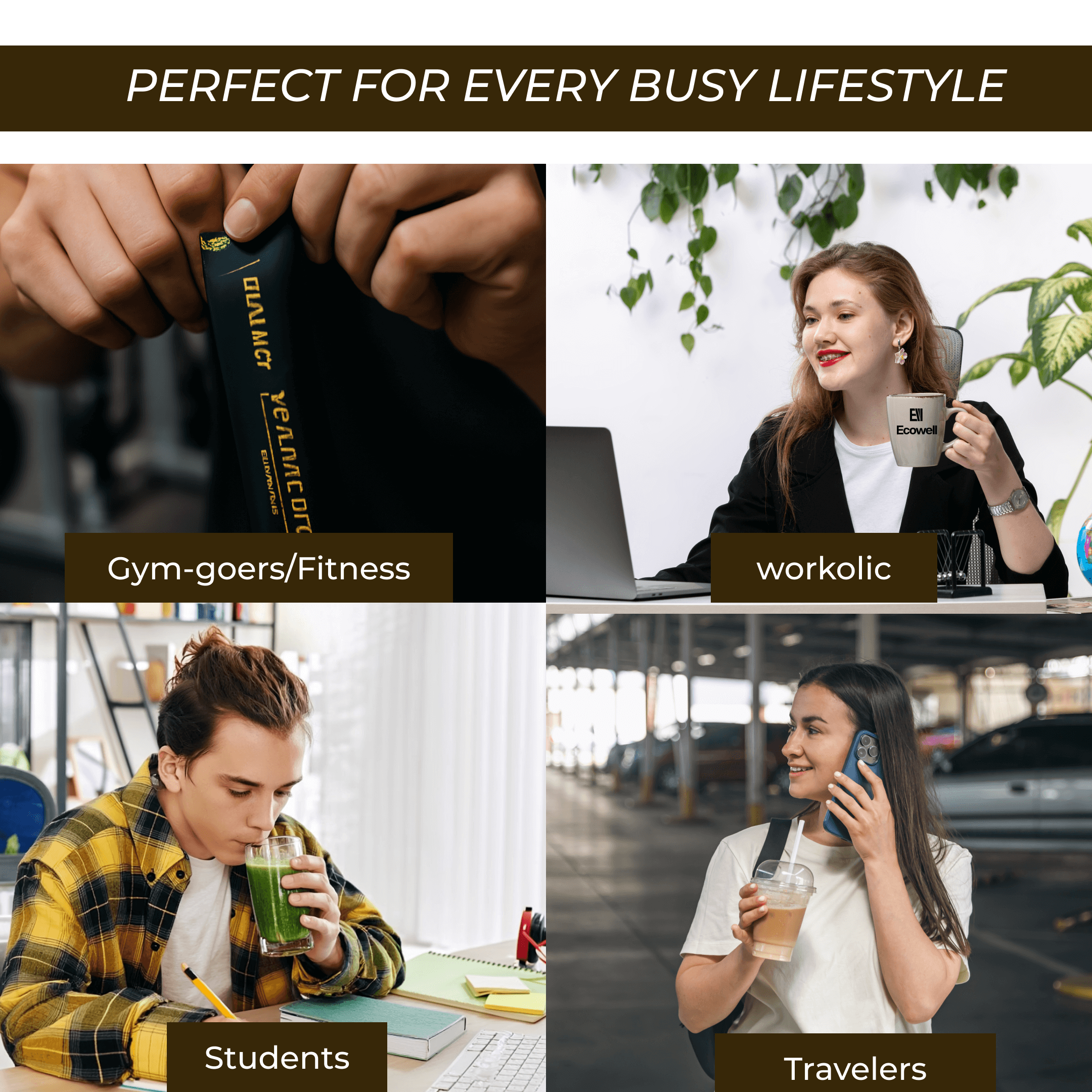 Image showcasing diverse users of Ecowell products: gym-goers, professionals, students, and travelers.