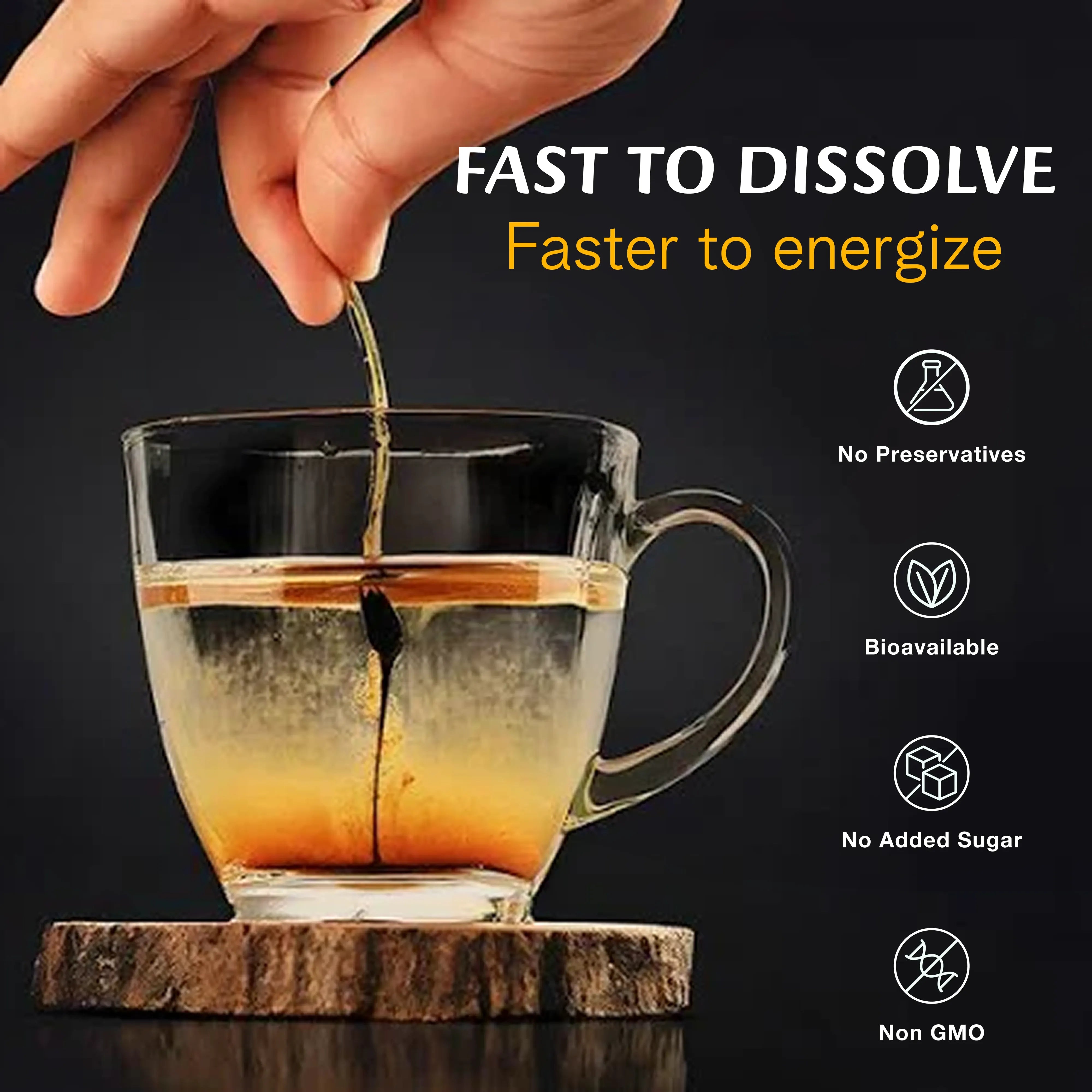 Hand pouring Ecowell Shilajit into a glass cup with text about fast dissolution and benefits on a dark background