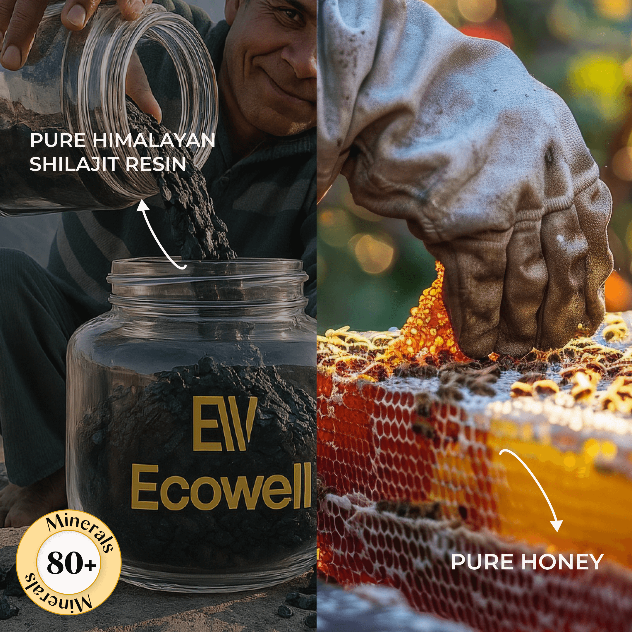 Person pouring pure Himalayan Shilajit resin into a jar next to honeycomb filled with pure honey.