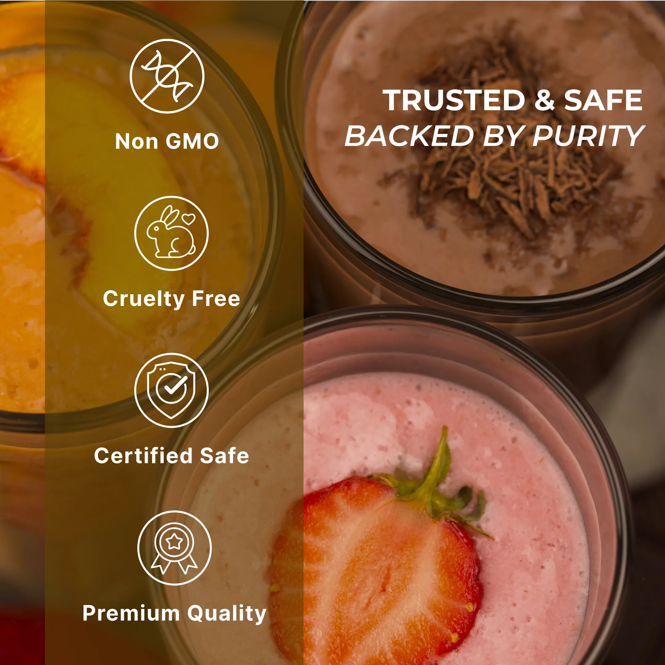 Three containers of different smoothies with icons and text indicating non-GMO, cruelty-free, certified safe, and premium quality.