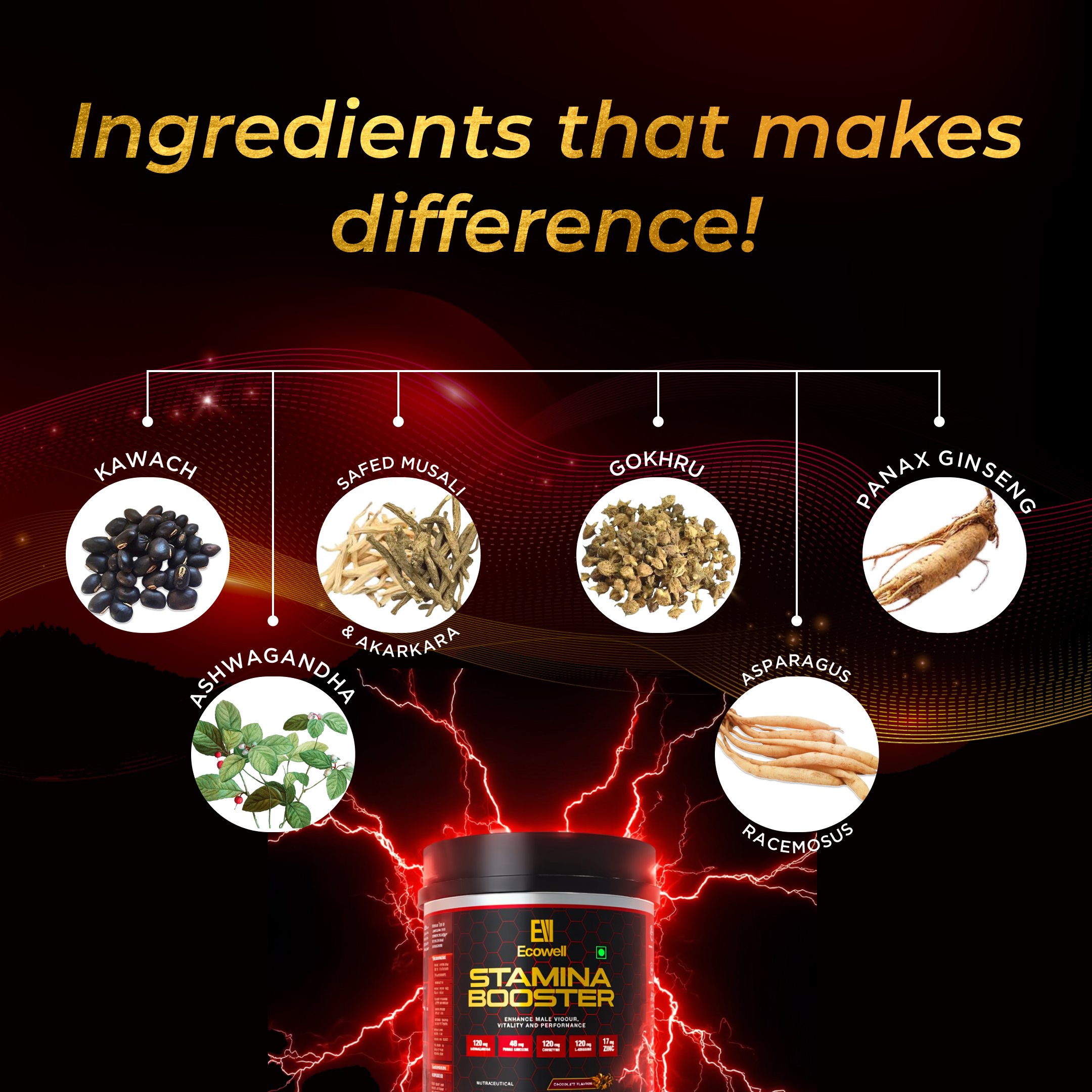 Ecowell Stamina Support Formula ingredients including Kawach, Safed Musali, Gokhru, and Panax Ginseng on a vibrant background.