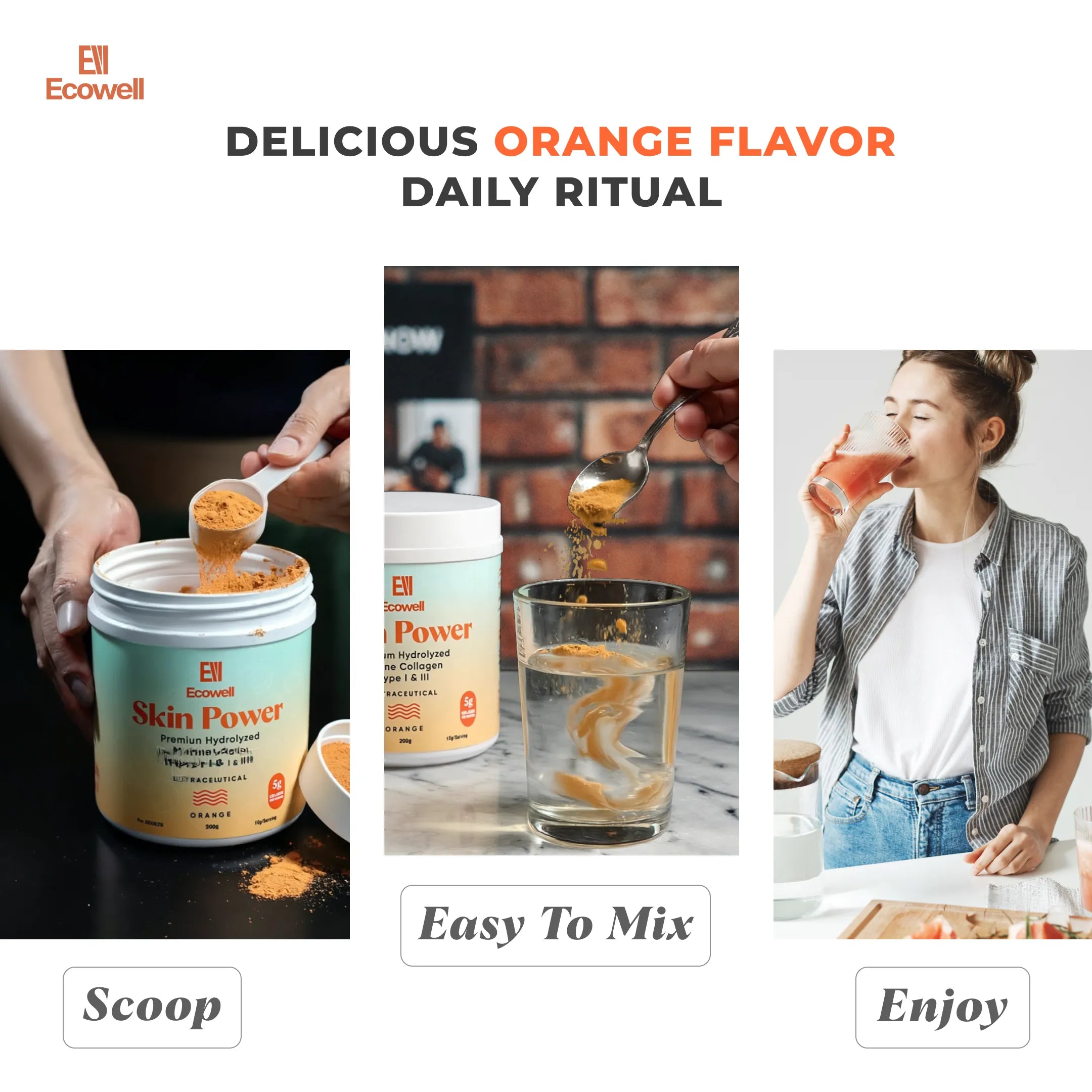 EcoWell Skin Power product with images of scooping, mixing, and drinking, labeled 'Delicious Orange Flavor Daily Ritual'.