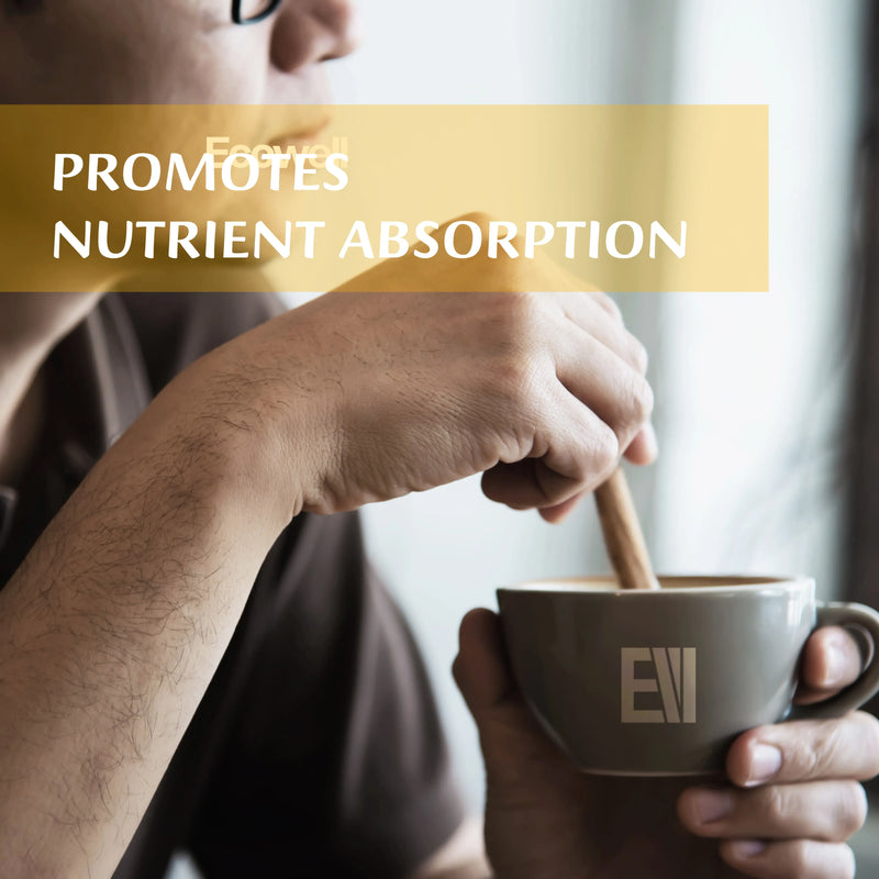 Person holding a cup with a straw, promoting nutrient absorption text overlay