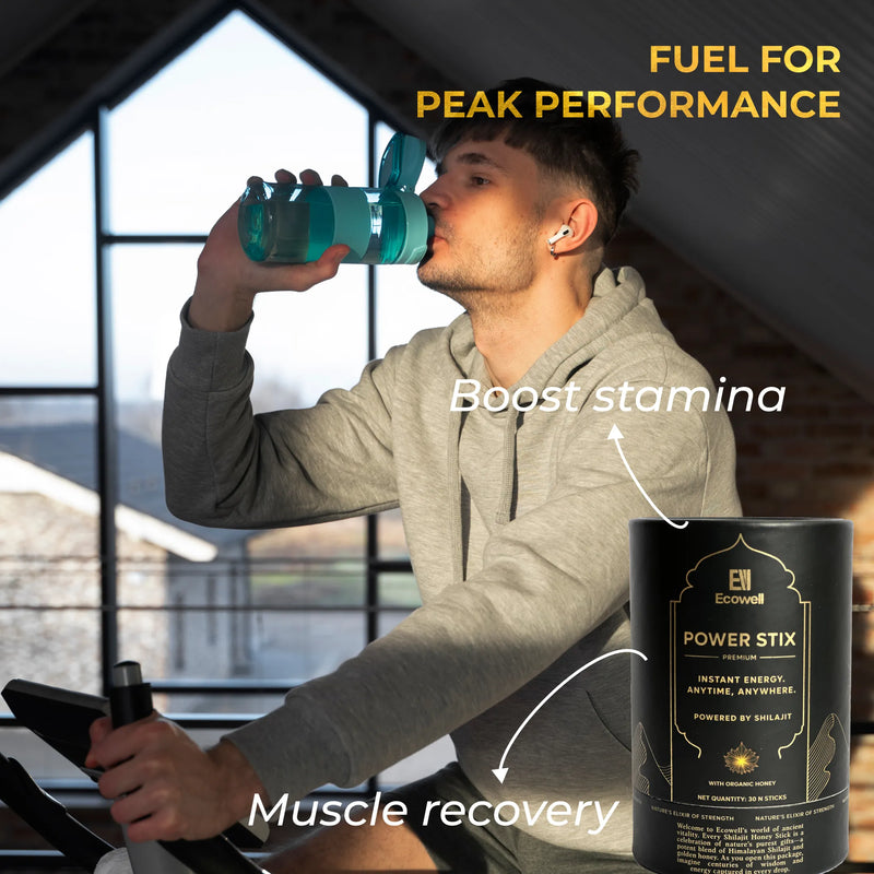Person on a treadmill with a bottle labeled 'Fuel for Peak Performance' and 'Power Stix' container.
