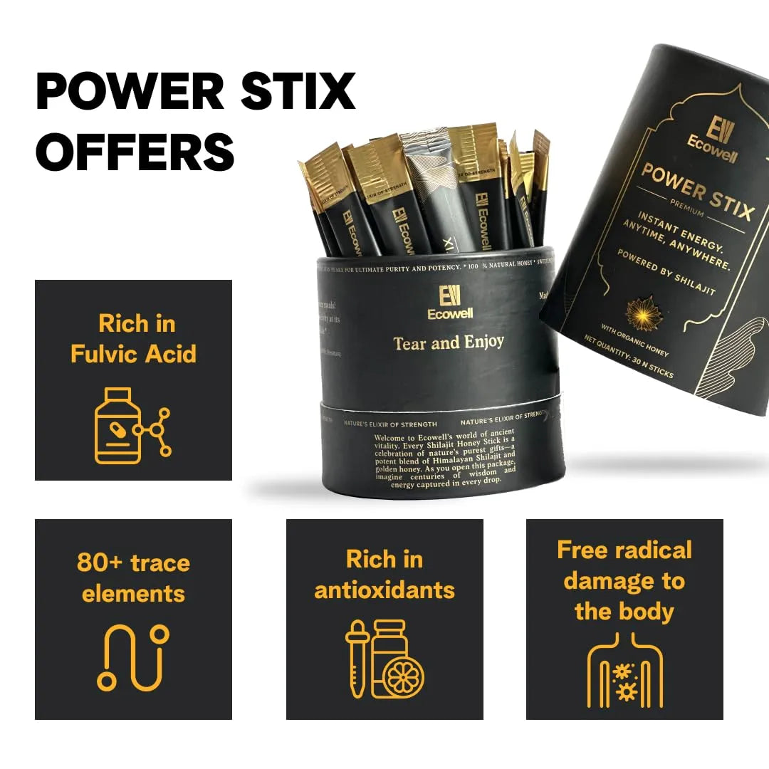 Ecowell Power Stix packaging with text highlighting benefits on a white background