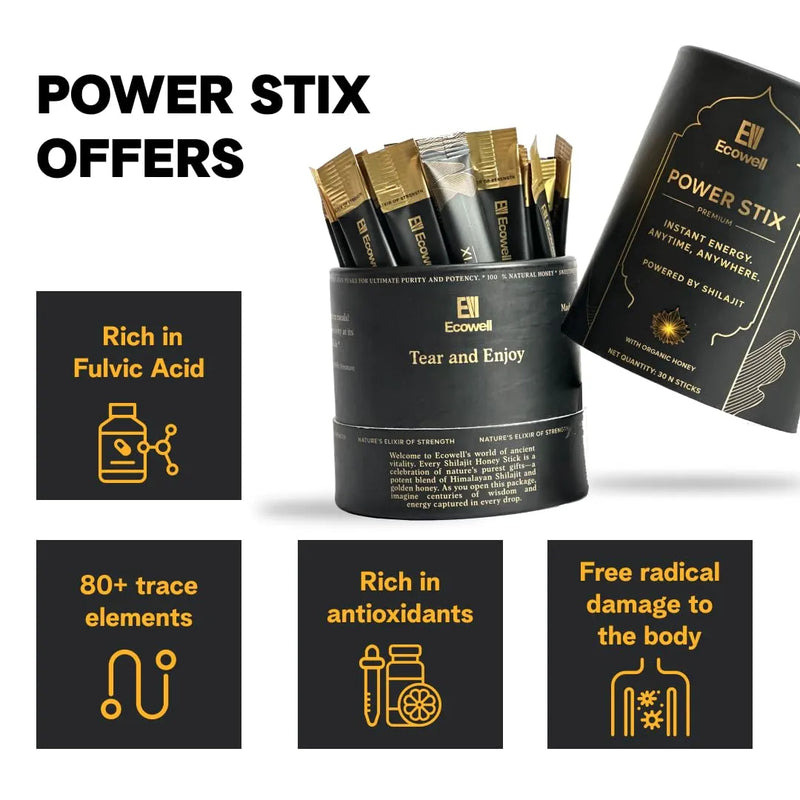 Ecowell Power Stix packaging with text highlighting benefits on a white background