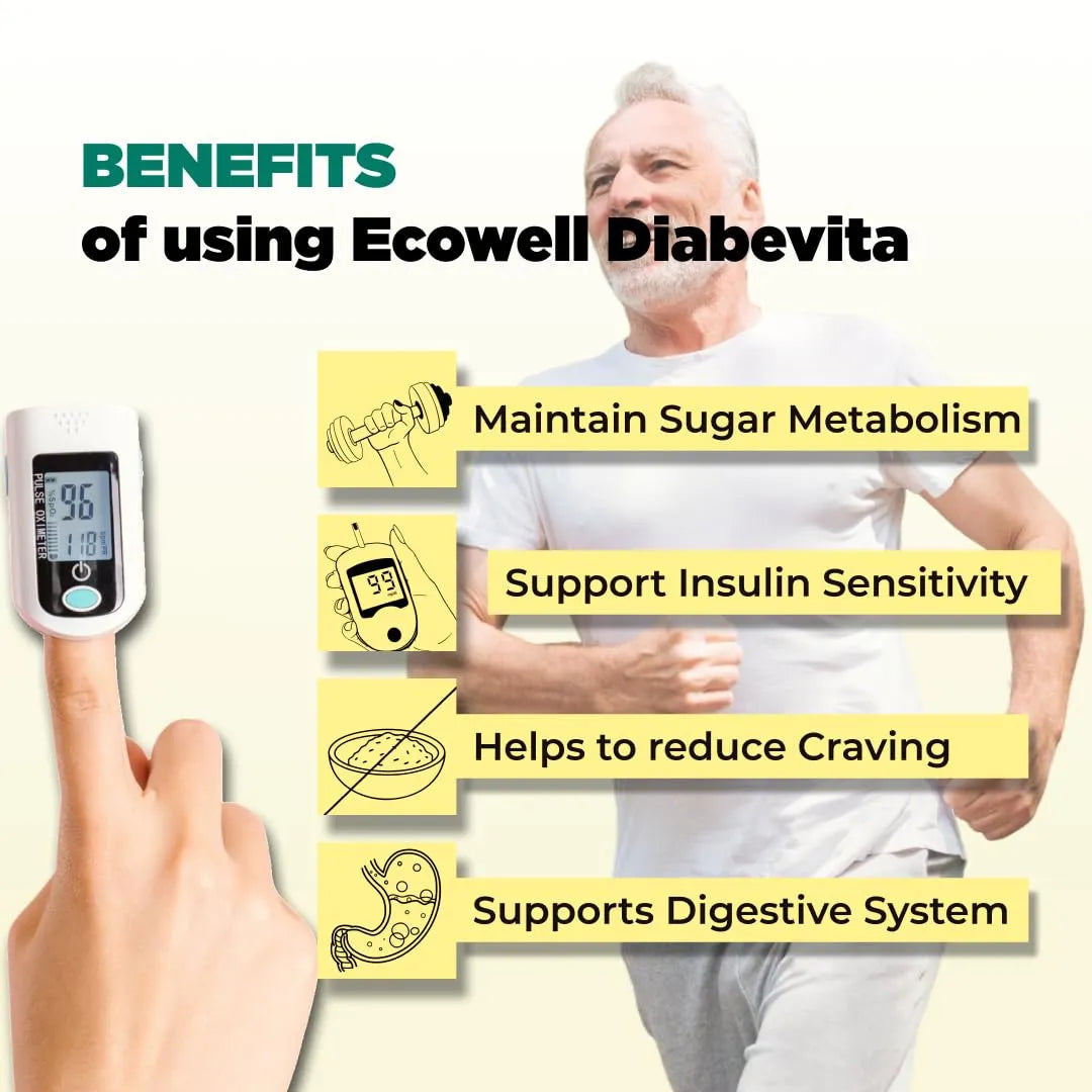 Person using a blood sugar monitor with text highlighting benefits of Ecowell Diabevita