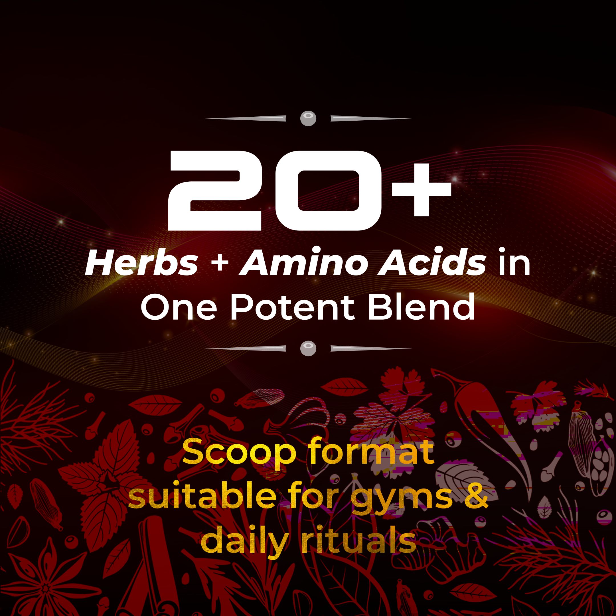 Graphic showcasing 20+ herbs and amino acids blend, ideal for gyms and daily health routines.