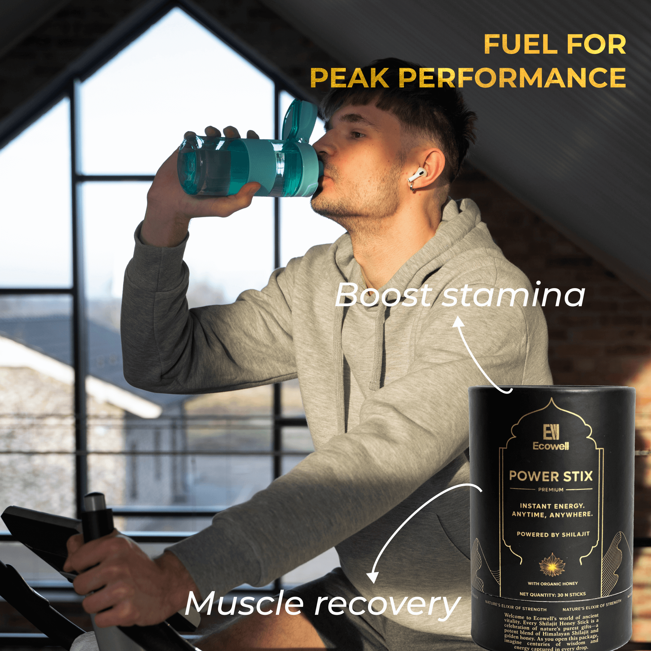 Man exercising and drinking from a bottle, showcasing Ecowell Power Stix for energy, stamina, and muscle recovery.