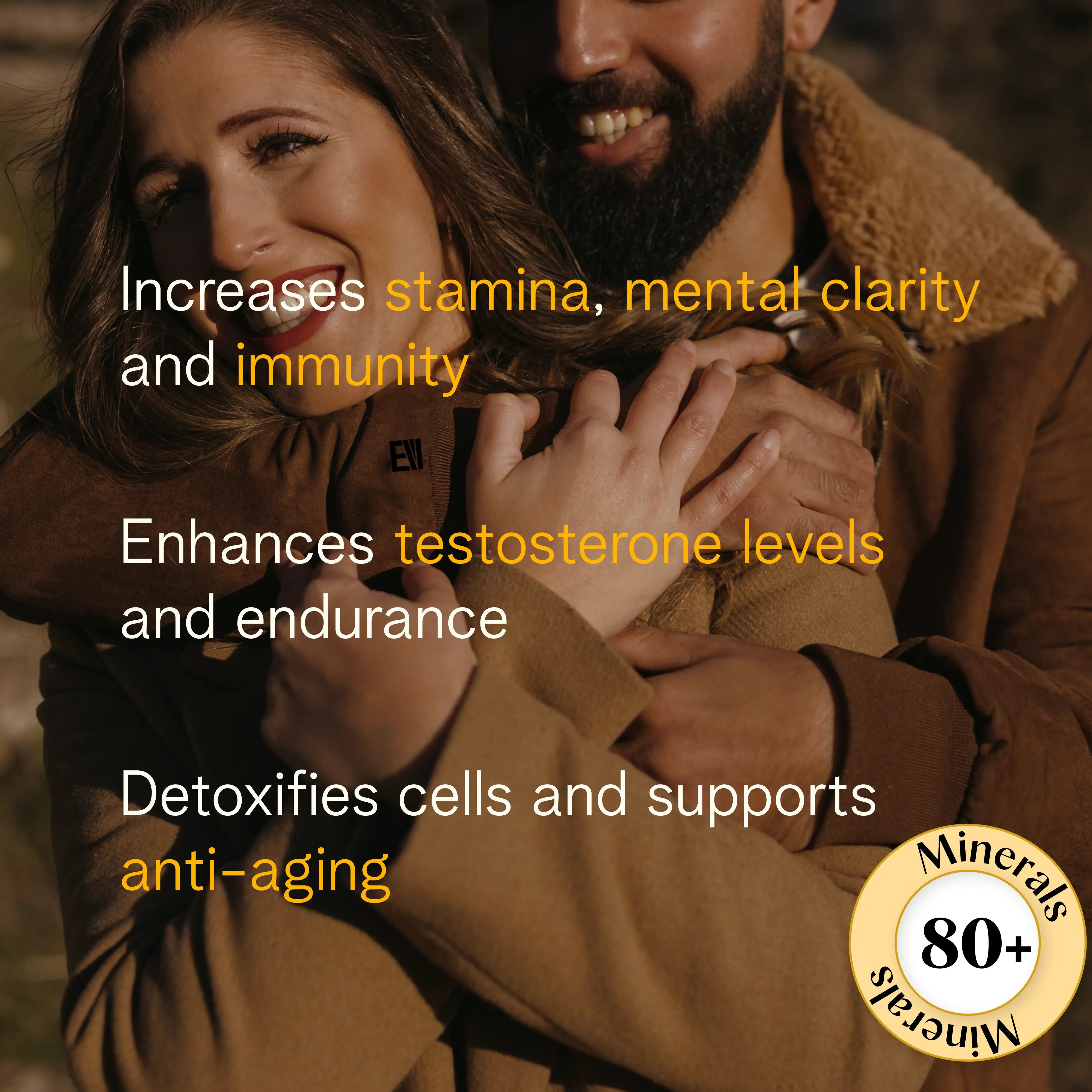Couple holding hands with health benefits text overlay and a logo in the corner.