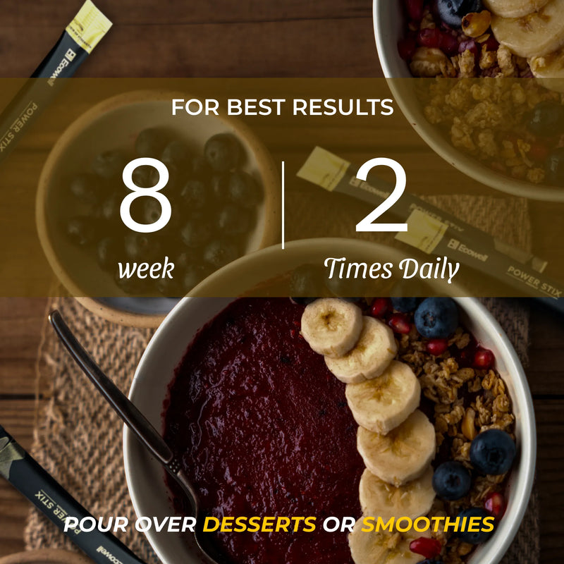 Bowl of smoothie with bananas and berries on a wooden surface, with text about a 8-week plan and twice daily intake.