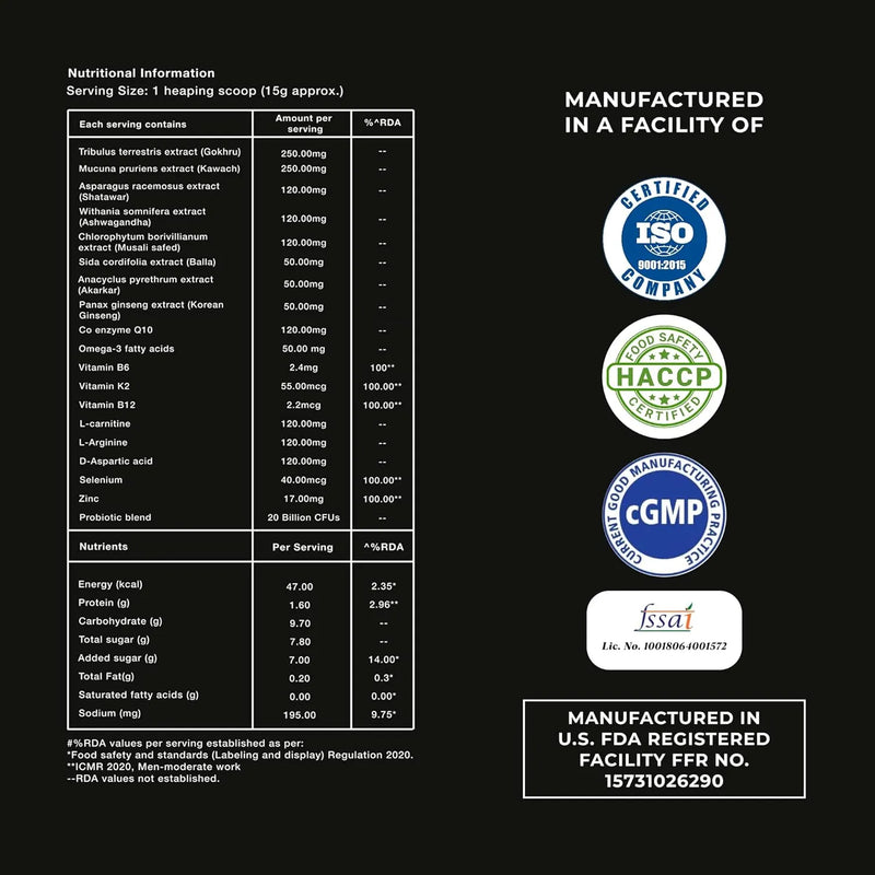 Nutritional information panel of STAMINA BOOSTER with certification logos on a black background