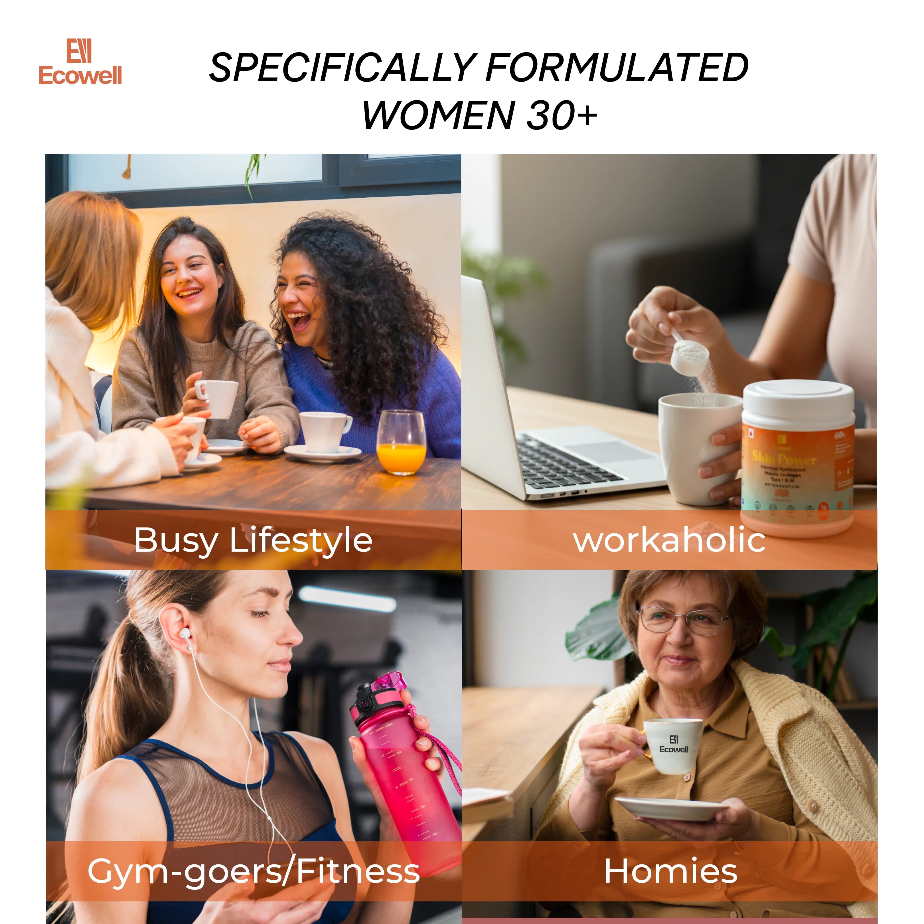 Promotional graphic for Ecowell women's supplement targeting busy lifestyles, workaholics, gym-goers, and friends.