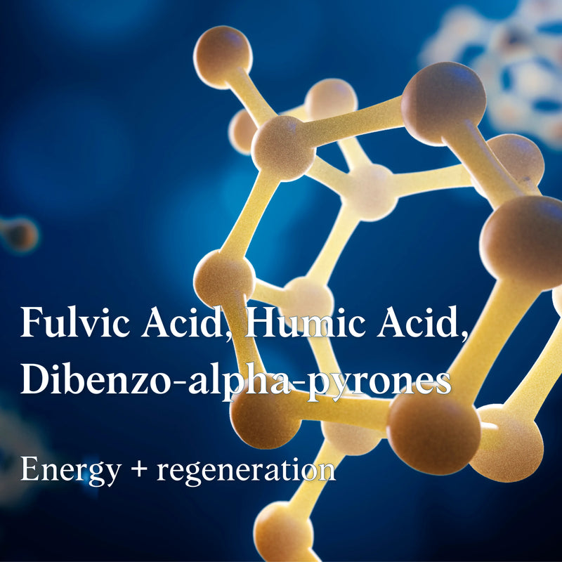 Molecular structure with text about fulvic acid, humic acid, and dibenzo-alpha-pyrones on a blue background