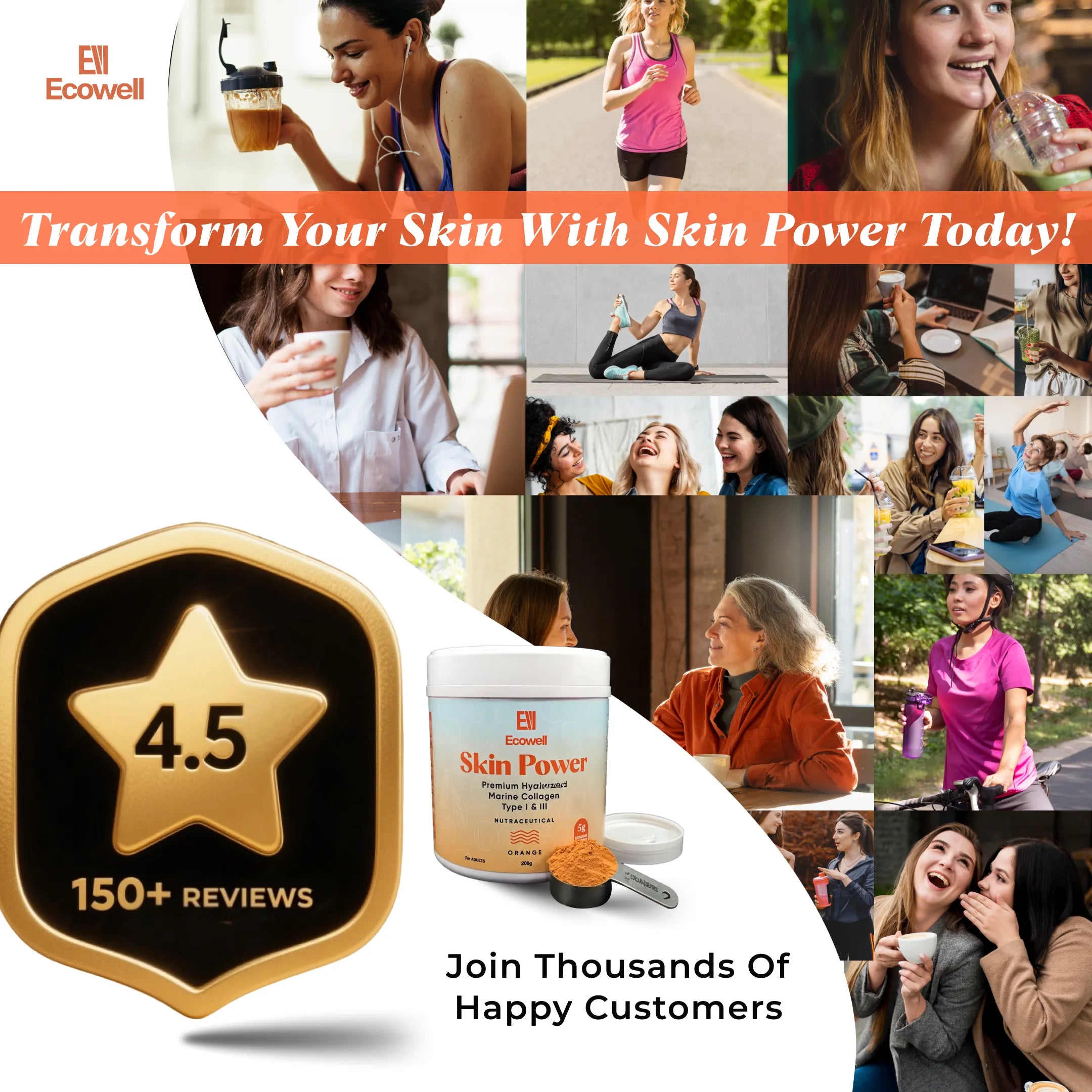 Promotional collage for Ecowell Skin Power with images of people and a 4.5-star rating.