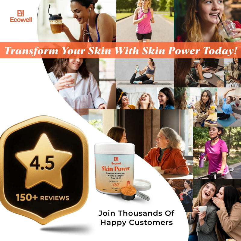 Promotional collage for Ecowell Skin Power with images of people and a 4.5-star rating.