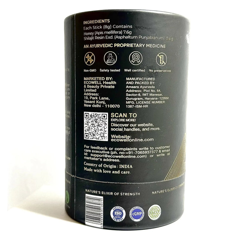 Back label of a ecowell powerstix with text and logos on a white background