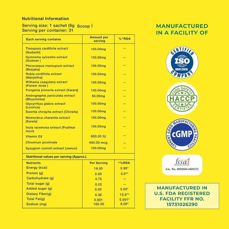 Ecowell Dibevita Nutritional information label with certification logos on a yellow background