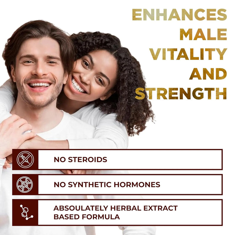 Couple embracing with text highlighting STAMINA BOOSTER benefits on a white background