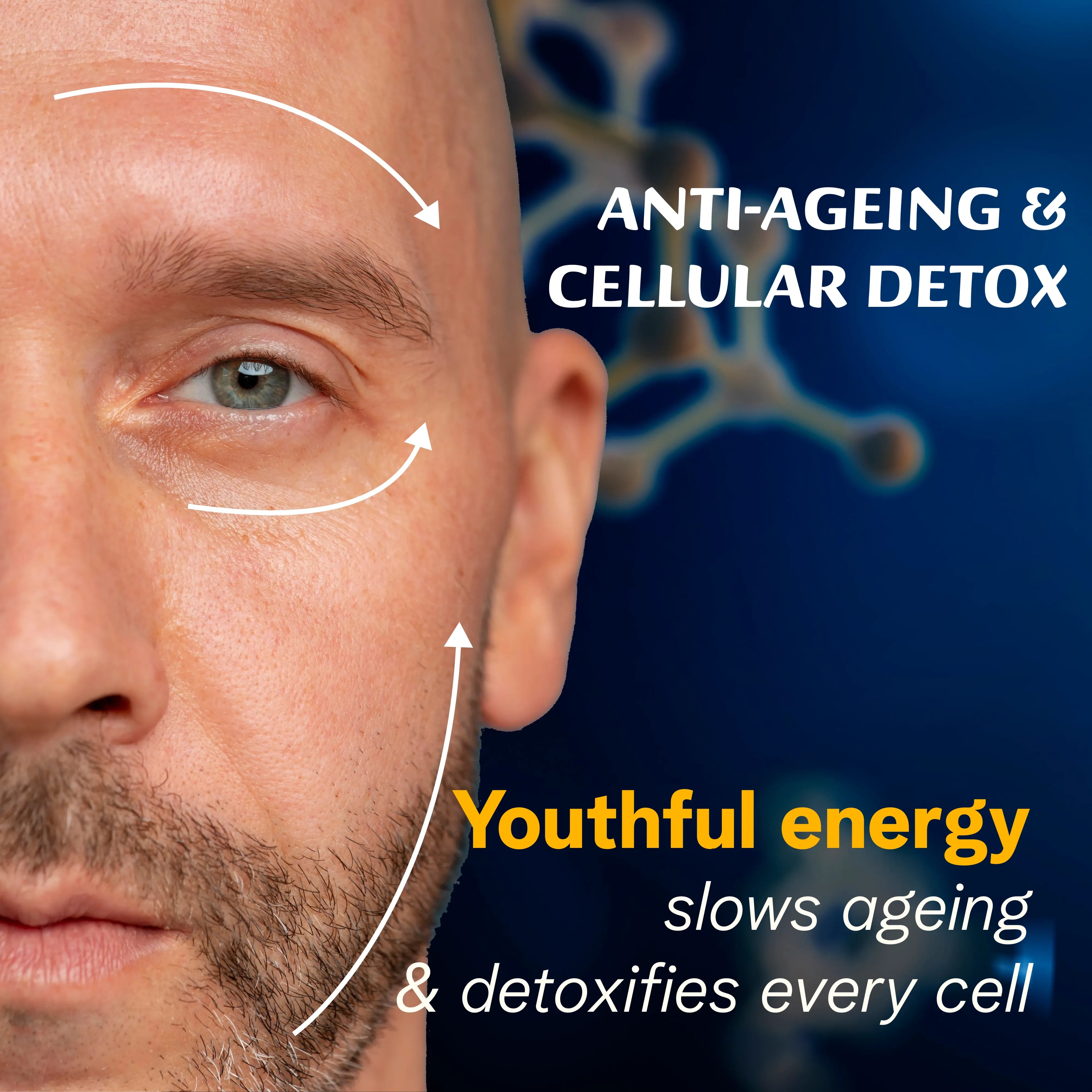 Close-up of a man's face with text about anti-ageing and cellular detoxification.