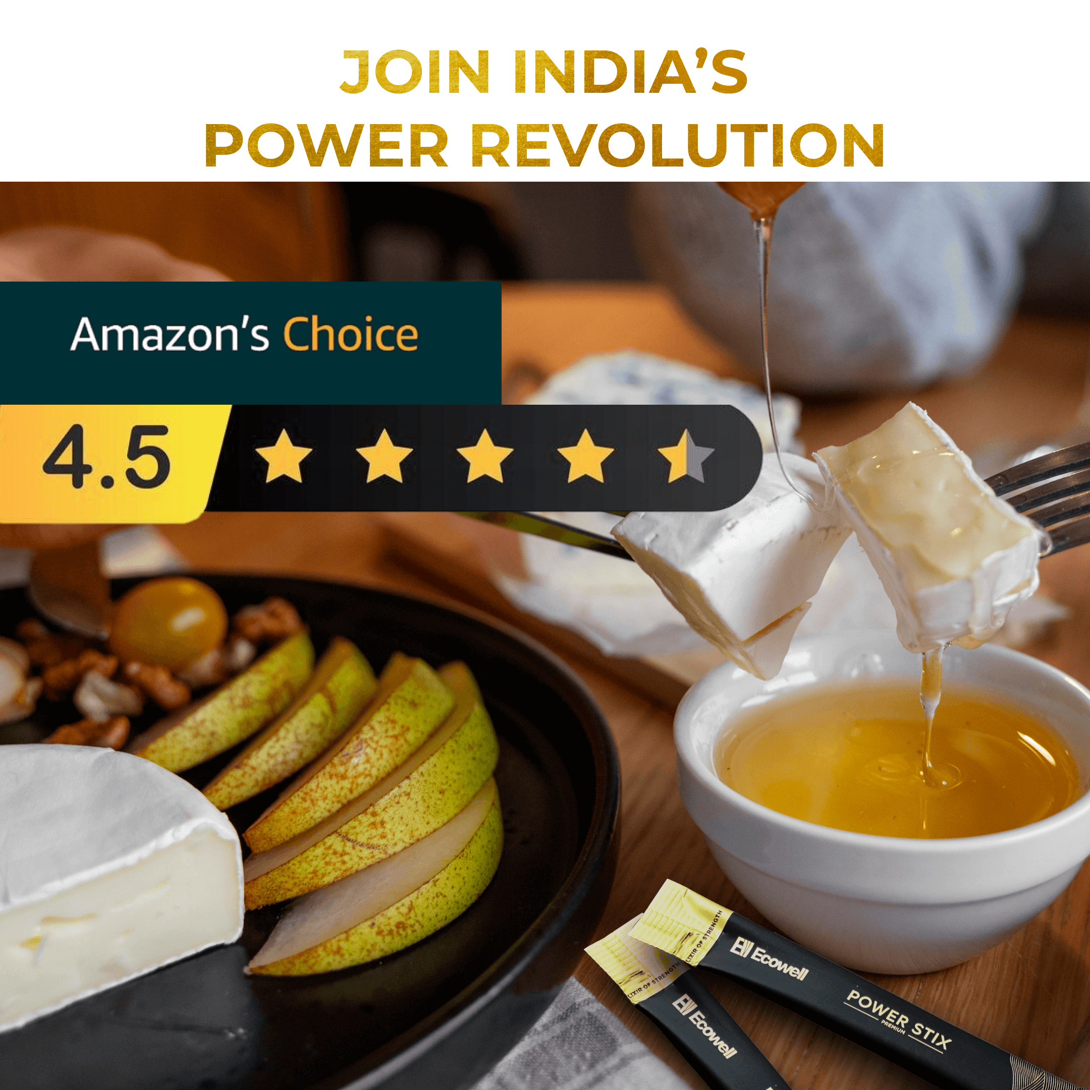 Dish with cheese and pears, featuring Ecowell Power Stix Honey with 4.5 star rating, highlighting energy boost benefits.