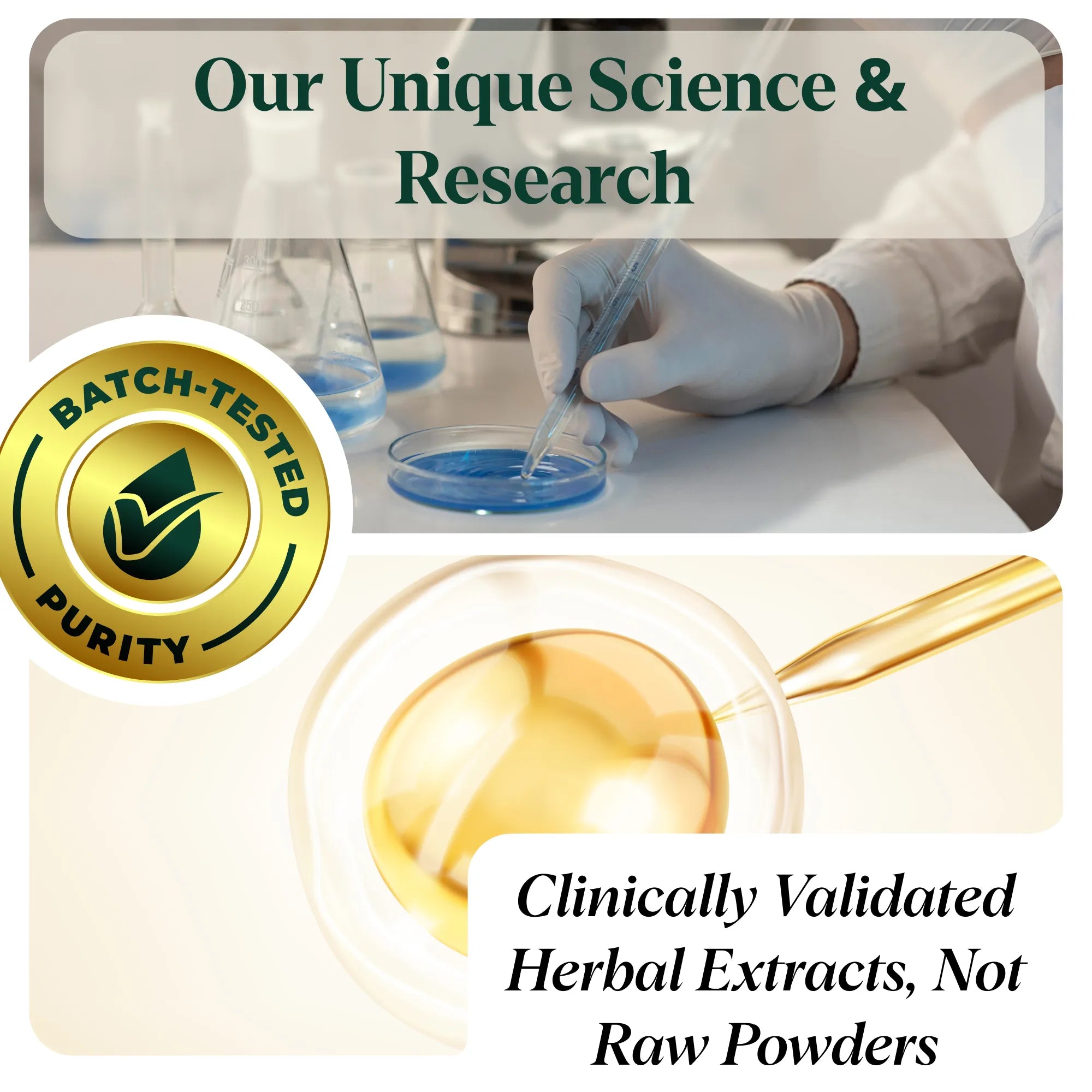 Laboratory setting with a person in gloves holding a pipette, batch-tested purity logo, and text about clinically validated herbal extracts.