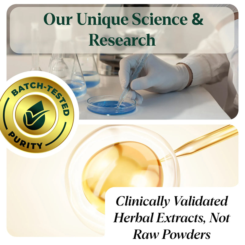 Laboratory setting with a person in gloves holding a pipette, batch-tested purity logo, and text about clinically validated herbal extracts.
