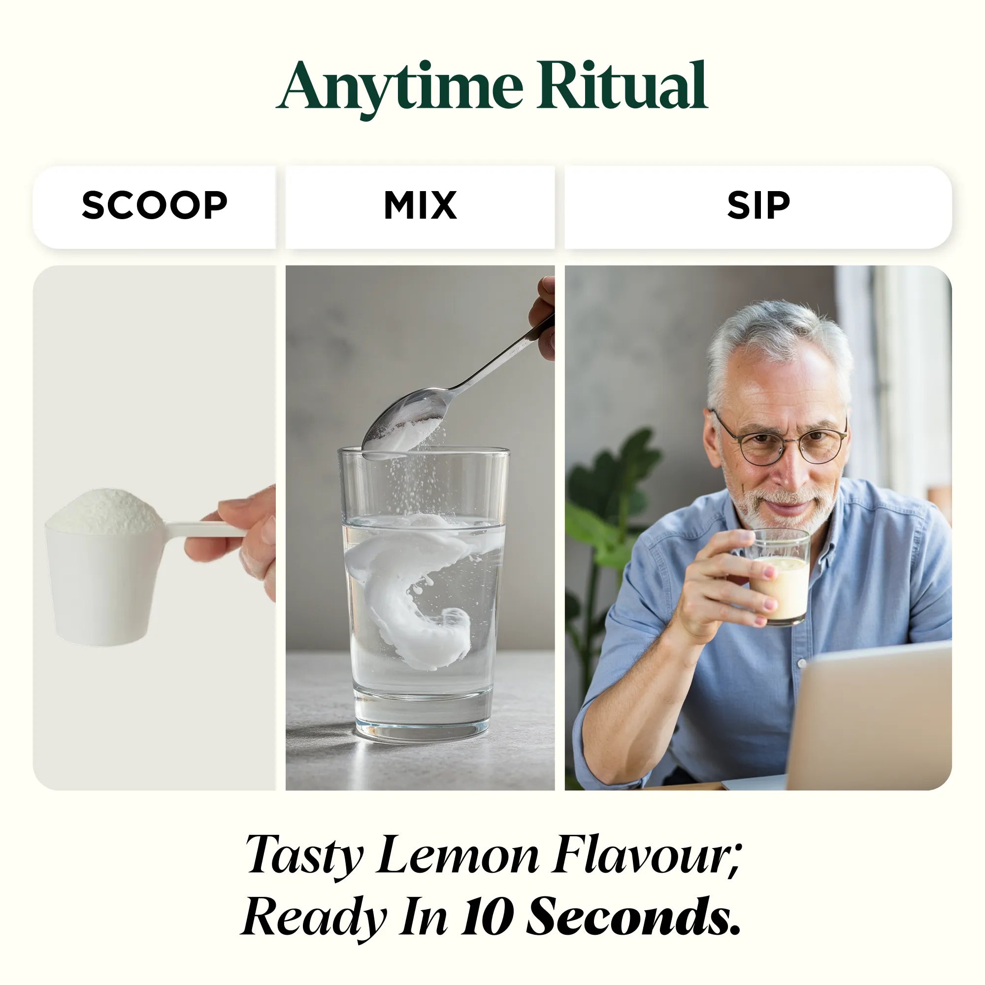 Product demonstration of 'Anytime Ritual' with scooping, mixing, and drinking sequences.