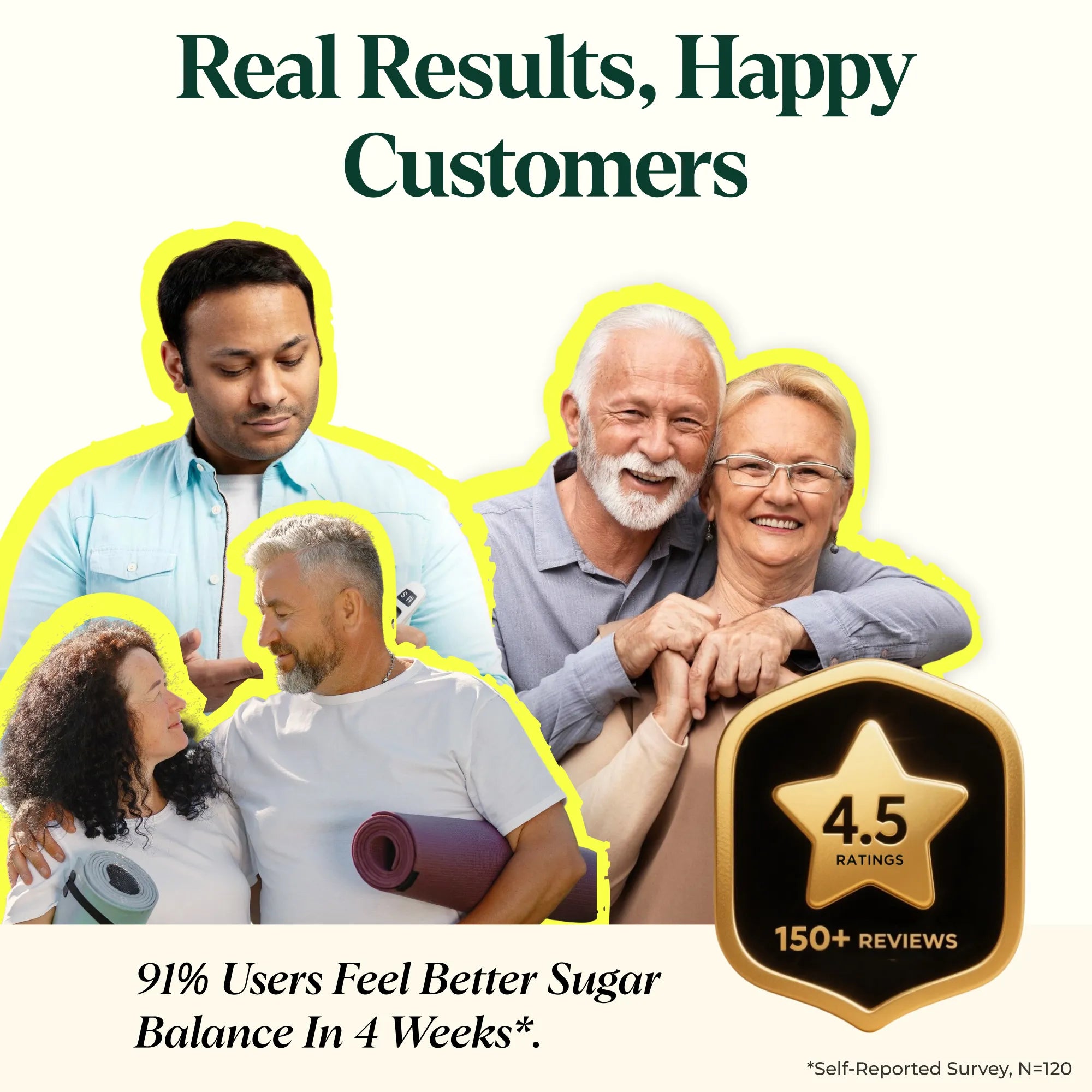 Advertisement featuring a family with a gold star rating badge and text about sugar balance improvement.