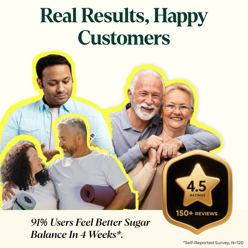 Advertisement featuring a family with a gold star rating badge and text about sugar balance improvement.