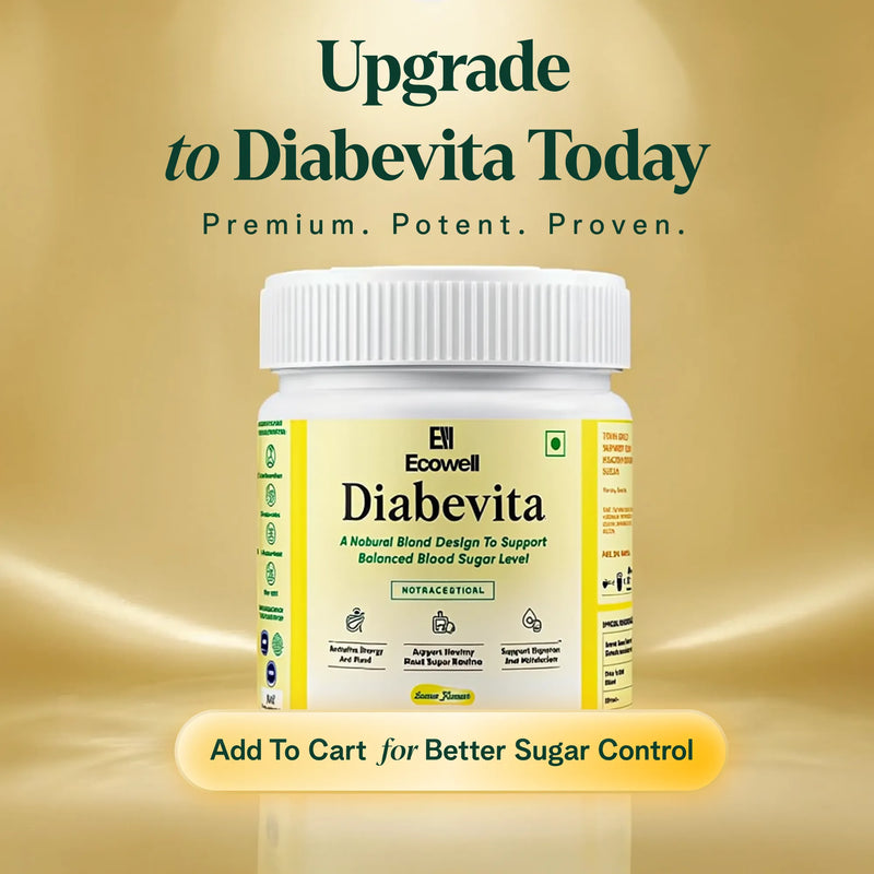 Diabevita supplement container with promotional text on a gold background