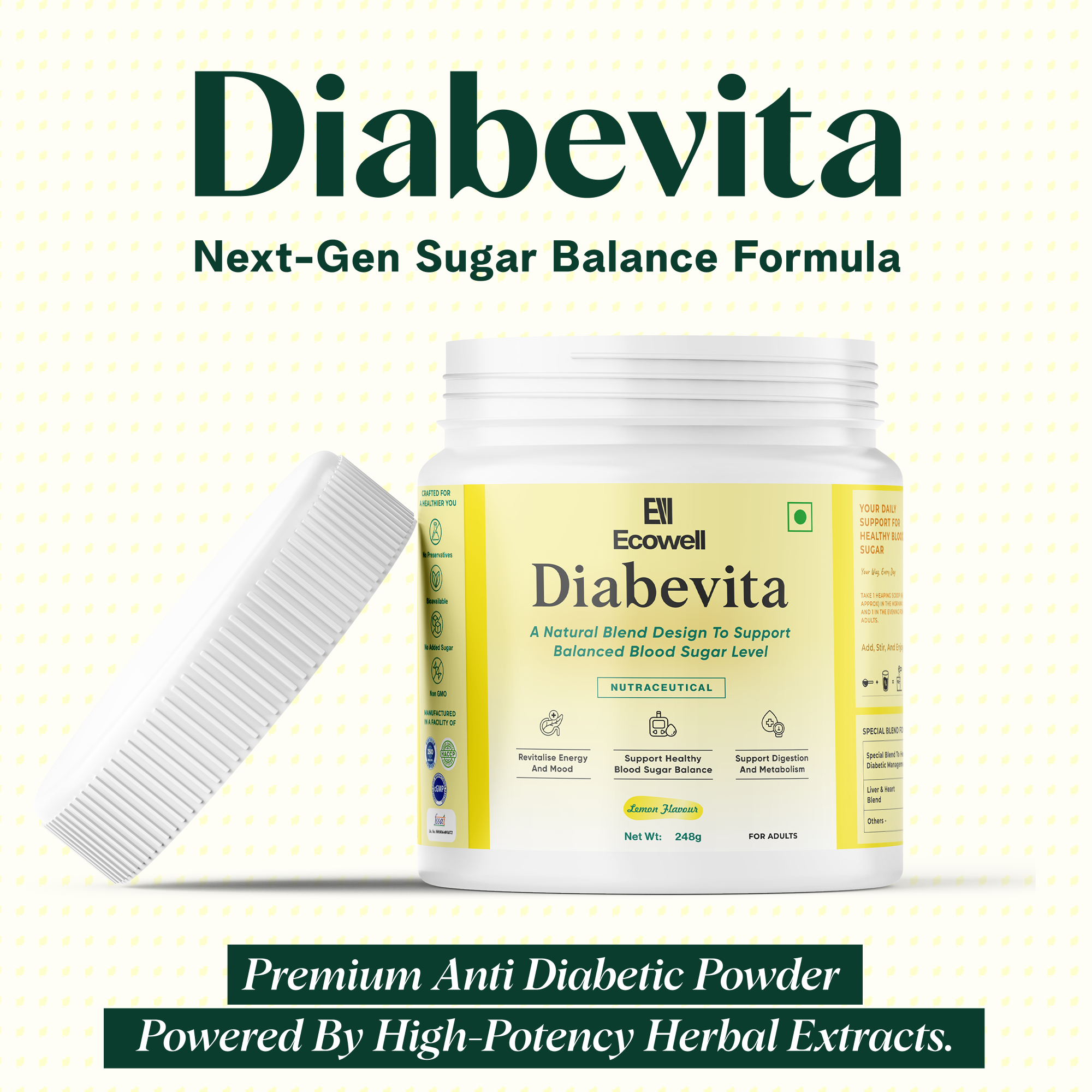 Diabevita herbal sugar balance powder container designed for blood sugar support.