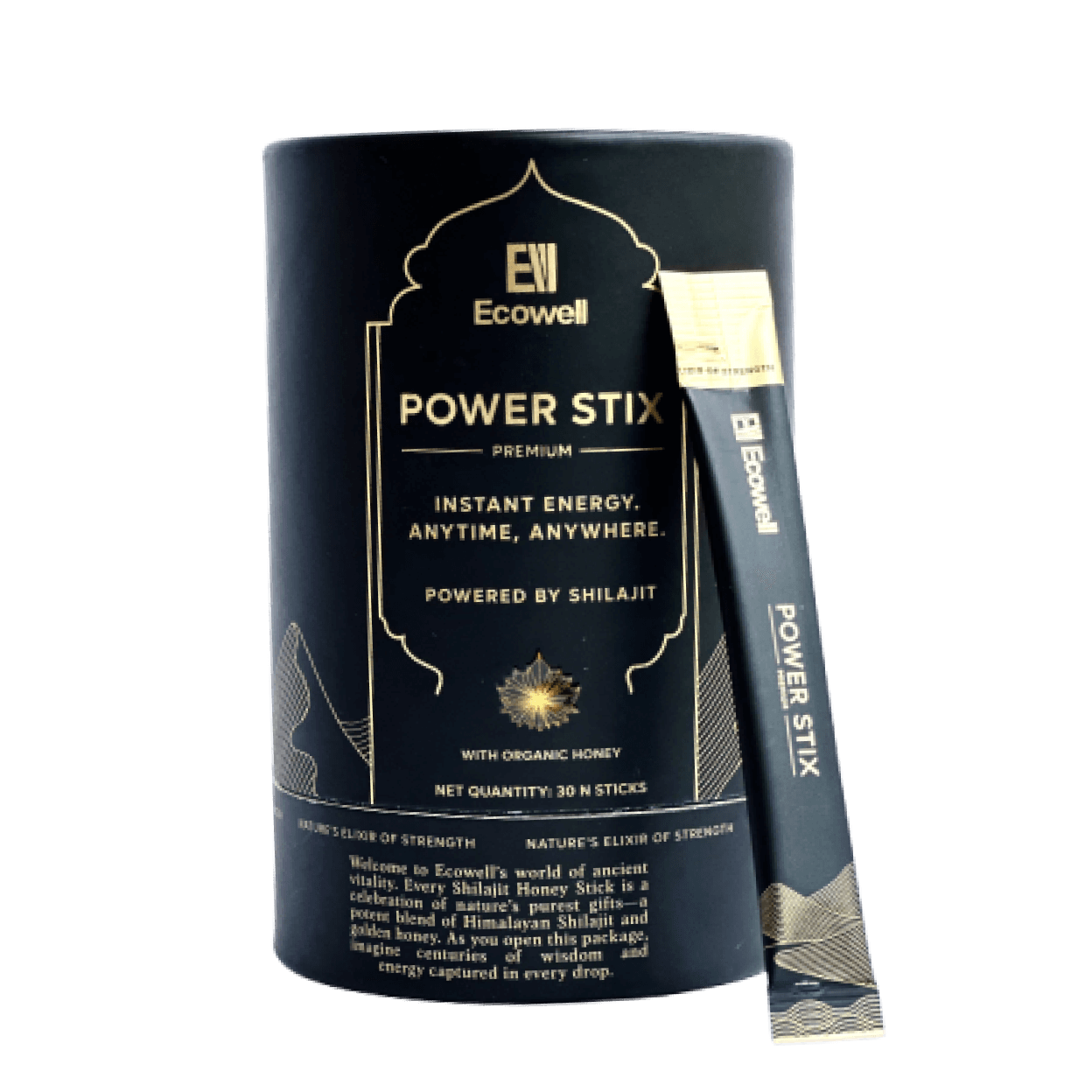 Ecowell Power Stix packaging featuring Himalayan Shilajit and organic honey for instant energy boost.