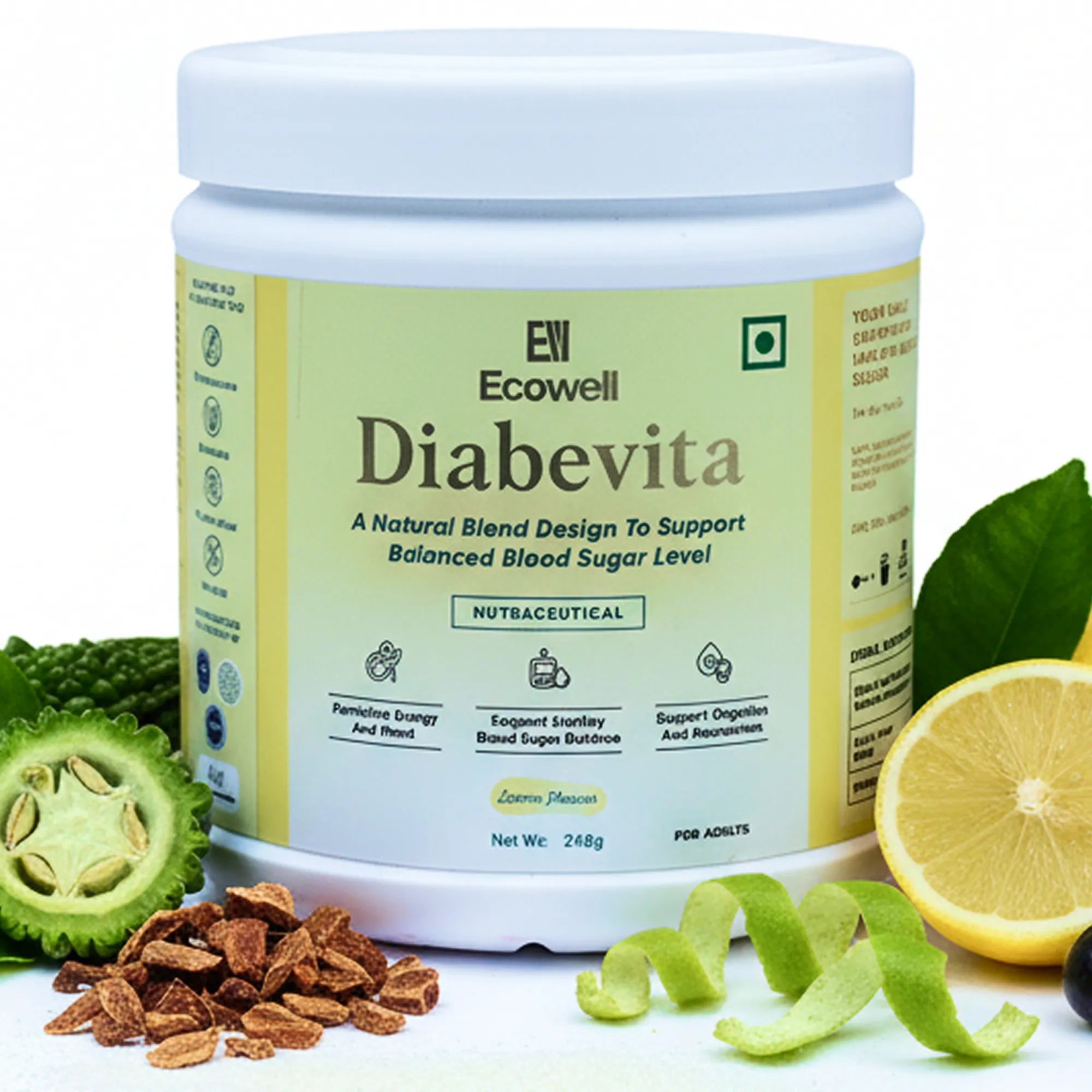 Ecowell Diabevita supplement jar with ingredients on a white background