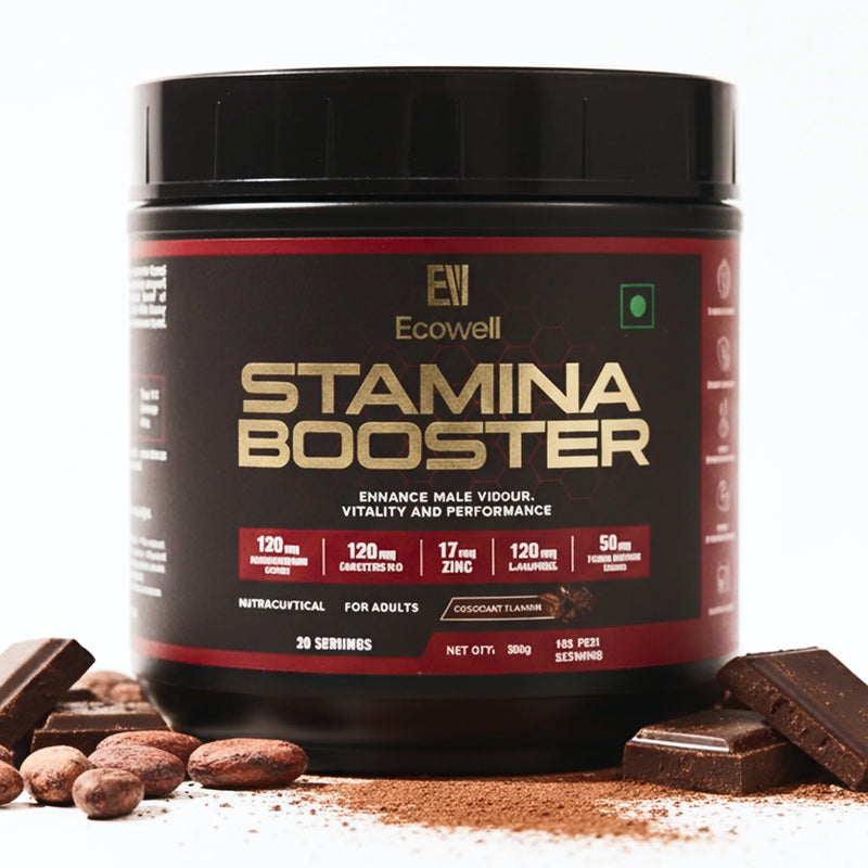 Ecowell Stamina Booster supplement container with chocolate pieces on a white background