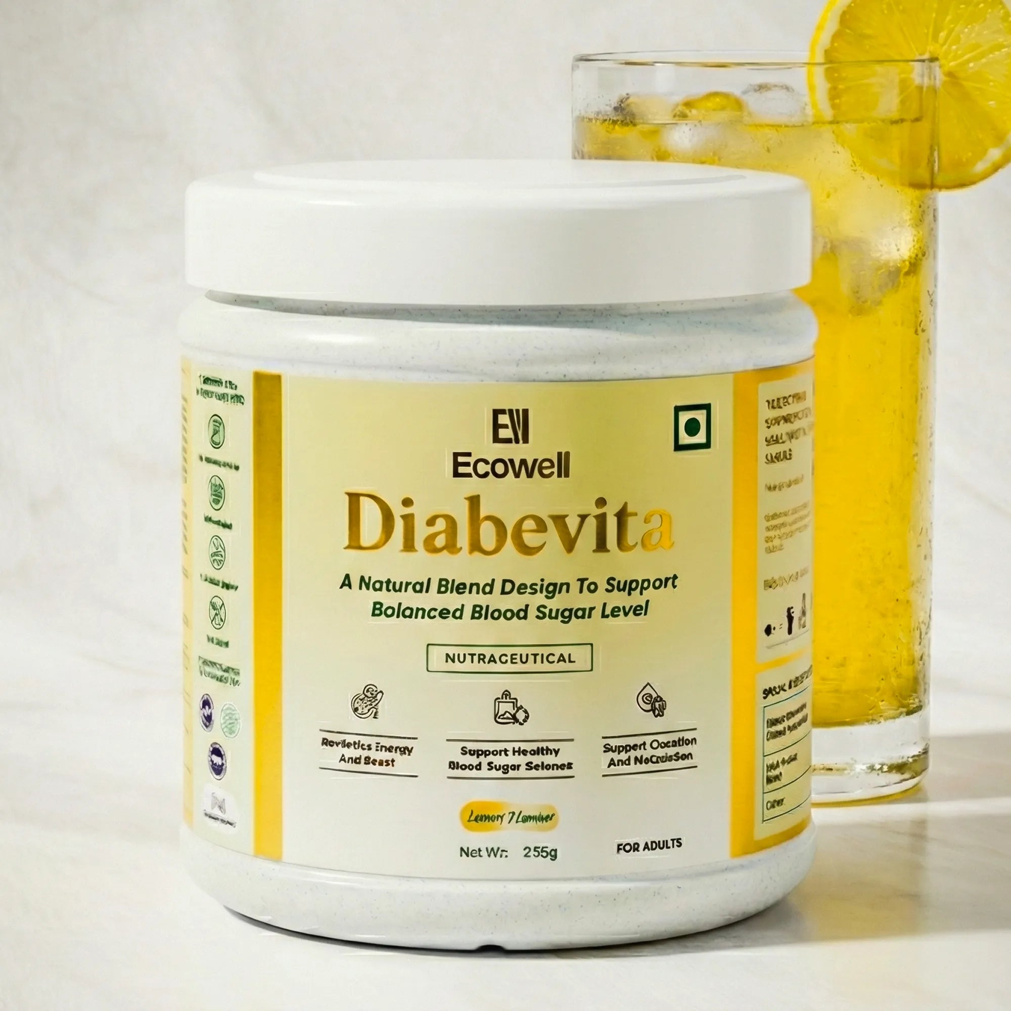 Jar of Ecowell Diabevita with a glass of lemon water on a light background