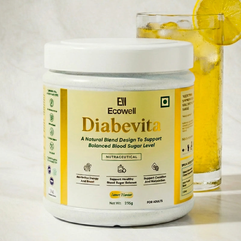 Jar of Ecowell Diabevita with a glass of lemon water on a light background