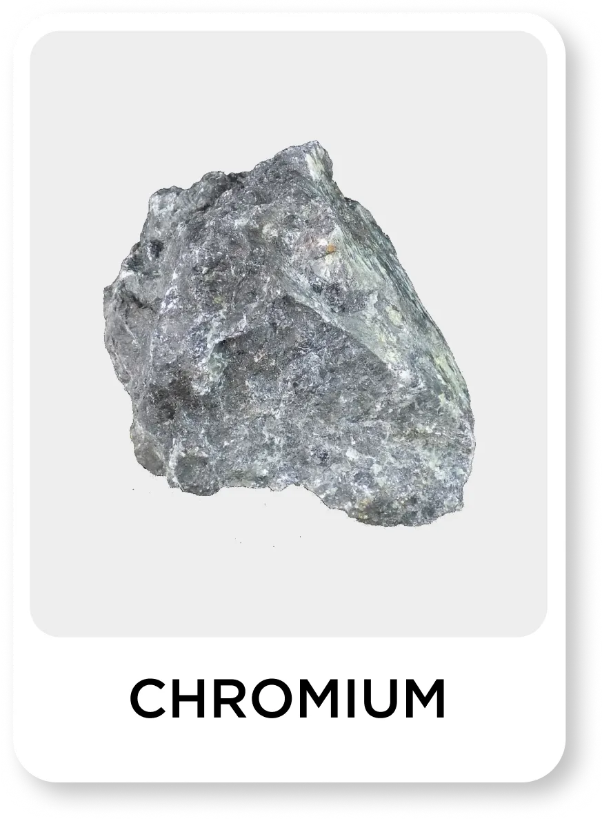 Raw chromium ore on a white background with 'CHROMIUM' text below.